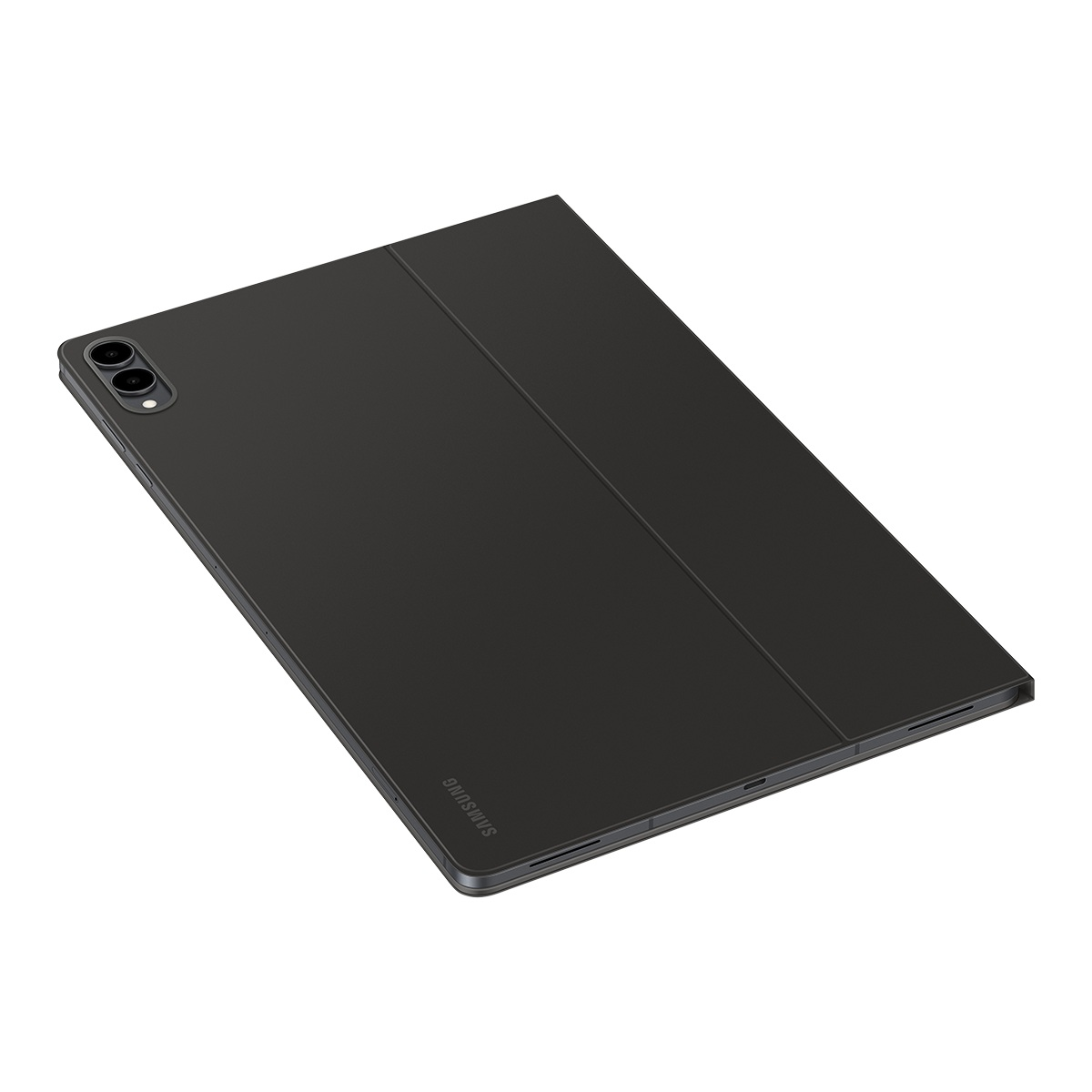 Siyah bir Samsung tablet ve kılıfı. Tabletin çift lensli kamerası var. Kılıf katlanmış.