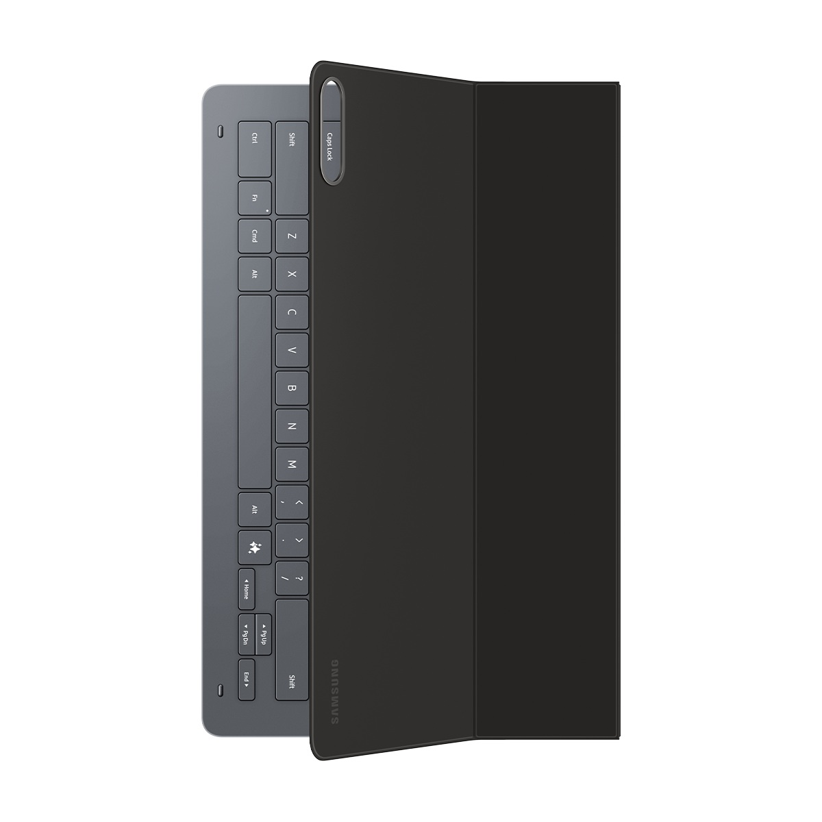 Samsung tablet klavye kılıfı, sağda siyah kapak, solda gri klavye. Tuşlar arasında Ctrl, Alt, Shift ve harf tuşları bulunur.