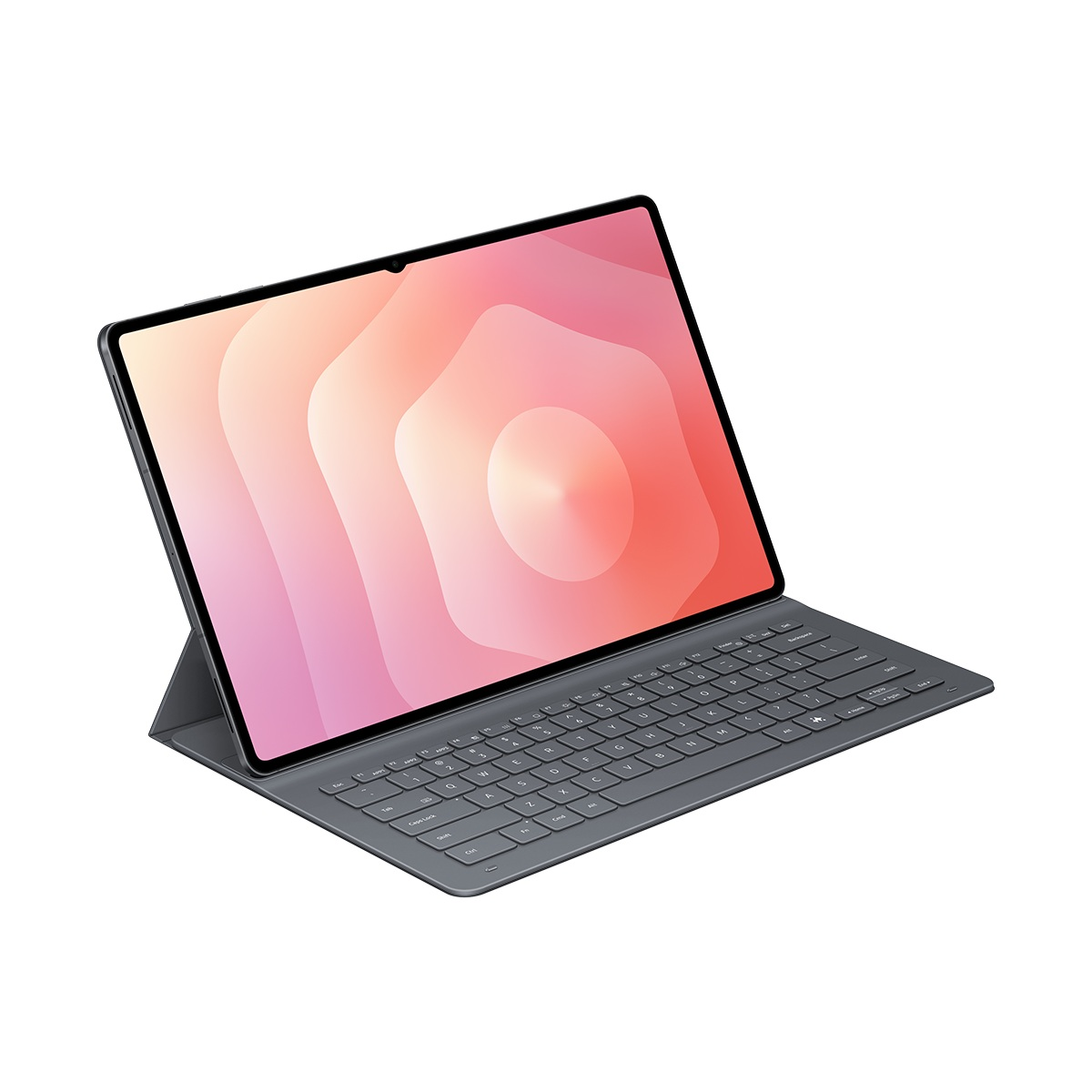 Klavyeli bir tablet. Ekran pembe ve beyaz soyut bir tasarım gösteriyor. Klavye gri ve arka plan beyaz.