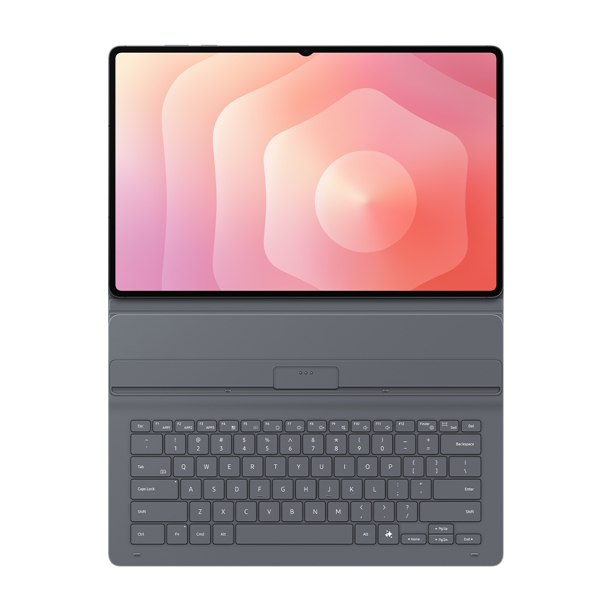 Klavyeli bir tablet. Ekran renkli soyut bir tasarım sergiliyor. Klavye, beyaz harflerle gri renkte.
