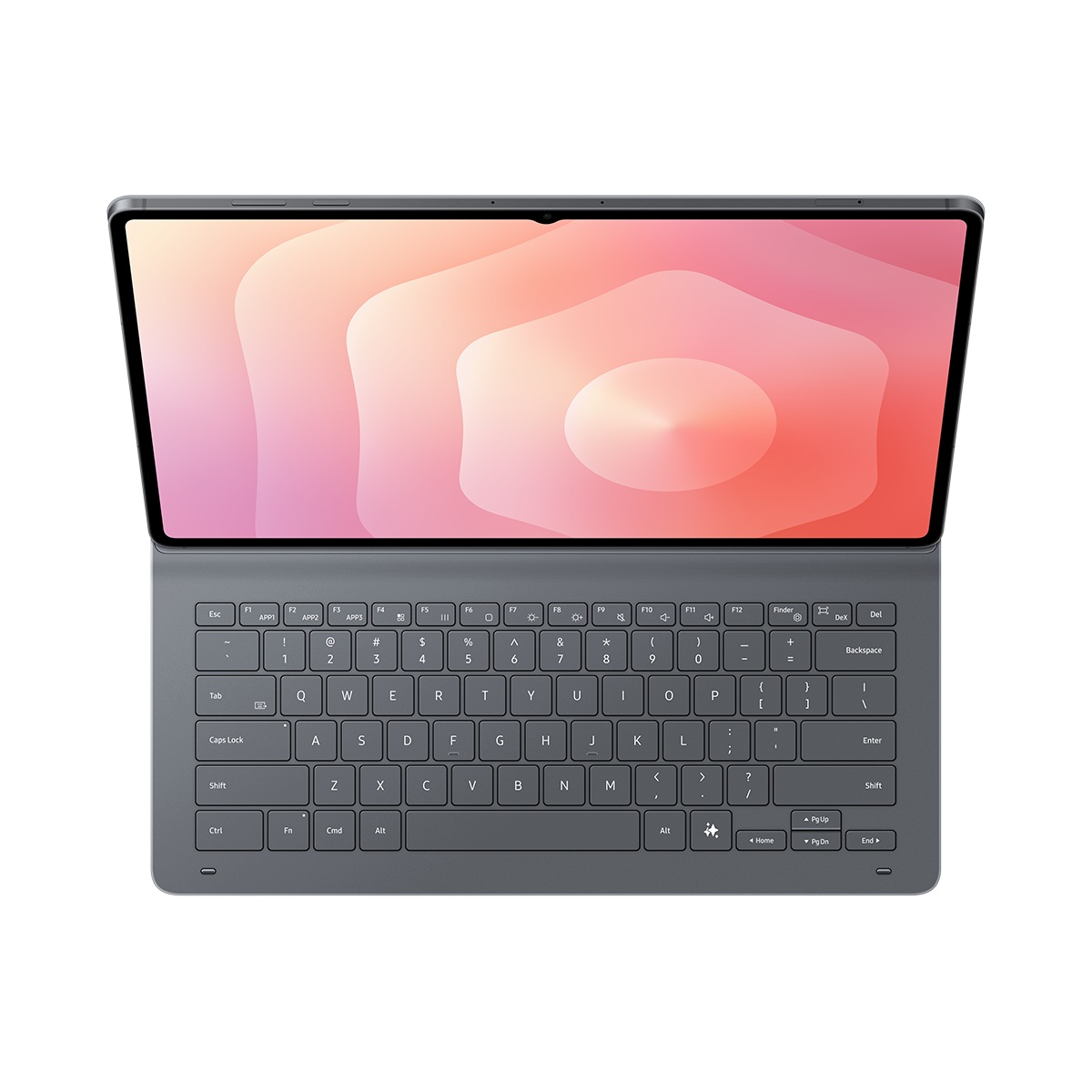 Açık, ayrılabilir bir klavyeye sahip bir tablet. Ekran pembe ve turuncu bir gradyan gösteriyor. Klavye, beyaz tuşlu gri renkte.