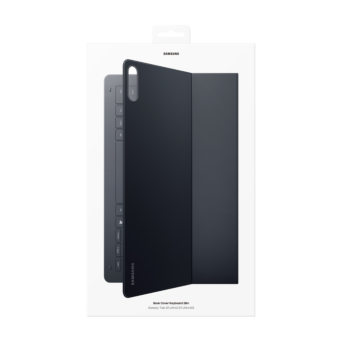Galaxy Tab S11 Ultra için bir Samsung Book Cover Keyboard Slim. Kılıf siyah, klavye gri, beyaz bir kutuda.