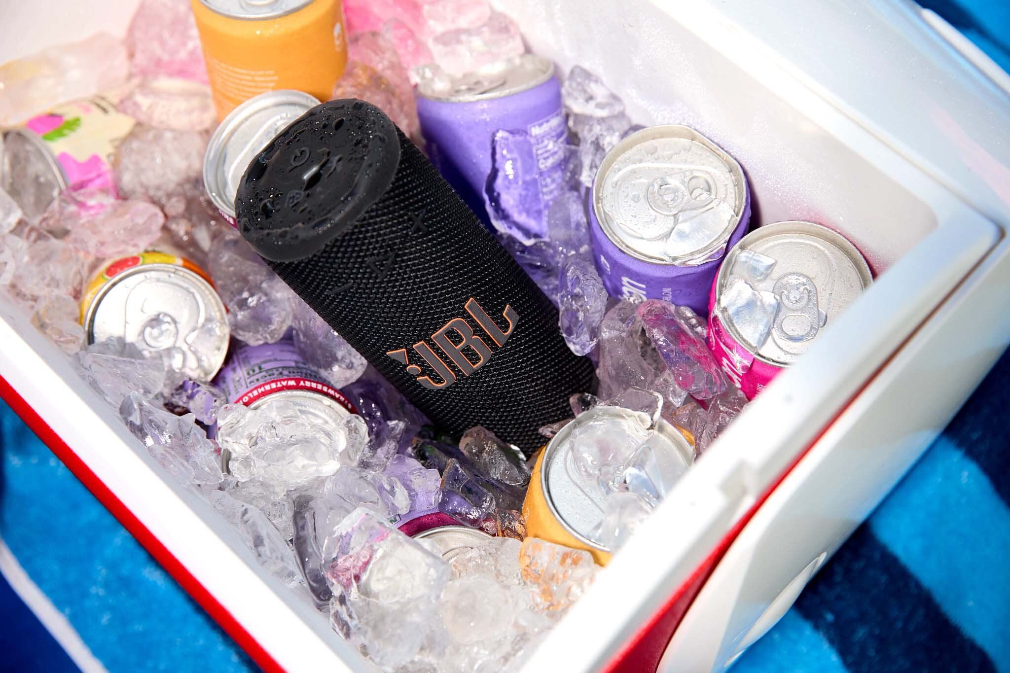 Lodówka wypełniona lodem i napojami. Czarny głośnik JBL jest wyśrodkowany. Widoczne są puszki w różnych kolorach. Chłodziarka stoi na paskowanym ręczniku.