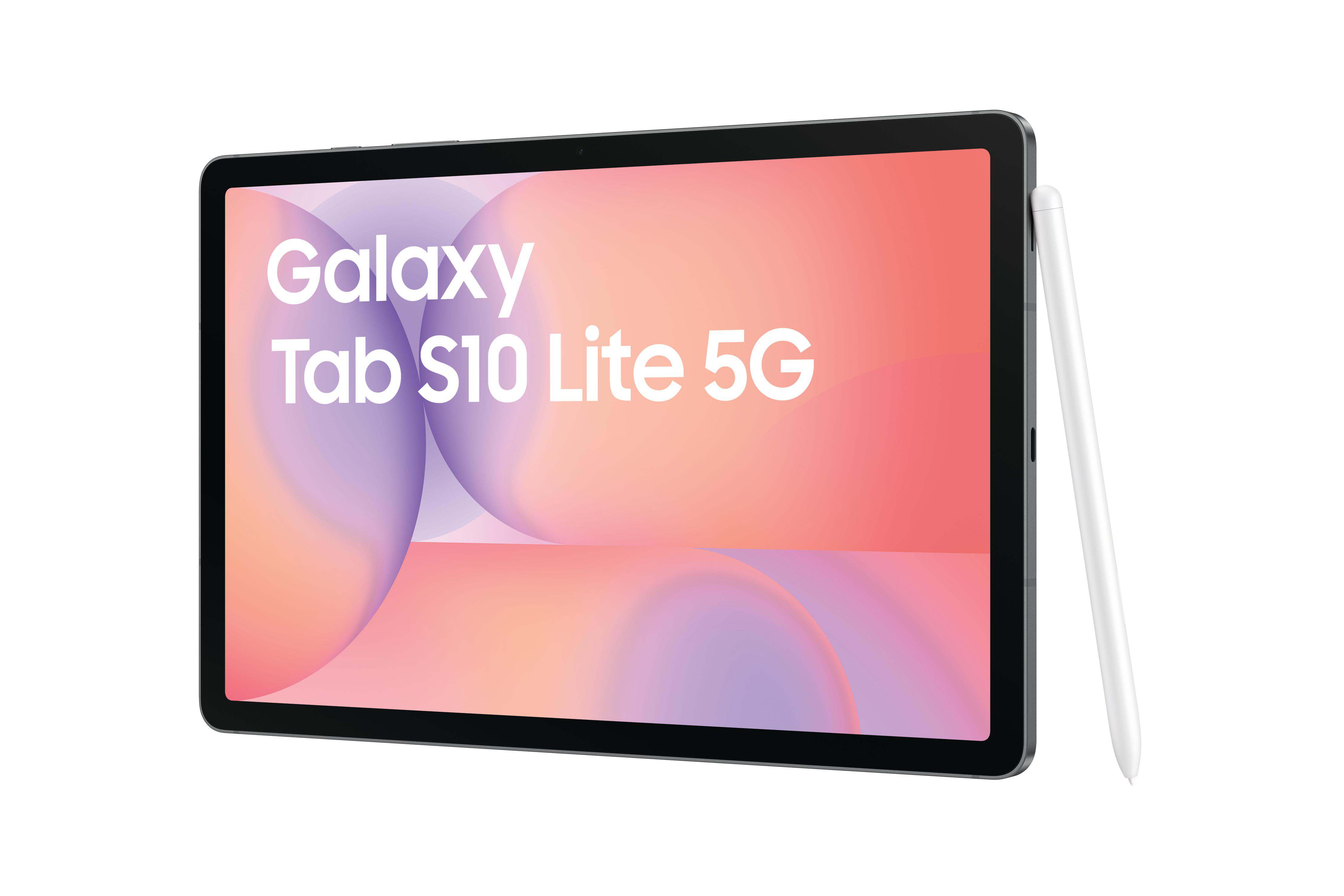 Ein Tablet mit Stift. Der Bildschirm zeigt 'Galaxy Tab S10 Lite 5G' mit Farbverläufen.