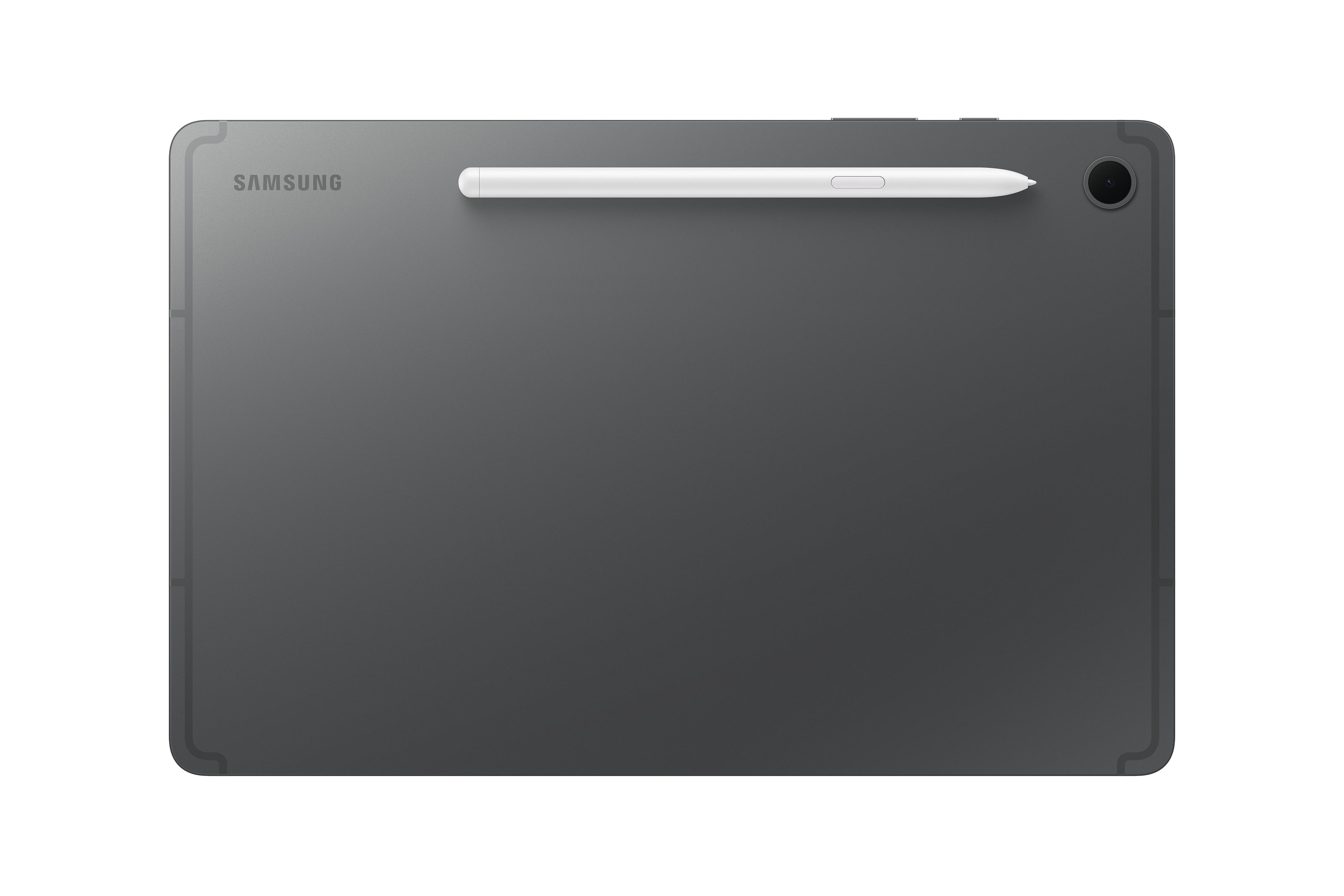 Ein dunkelgraues Tablet mit weißem Stift. Das Tablet hat eine Kamera und das Samsung-Logo.