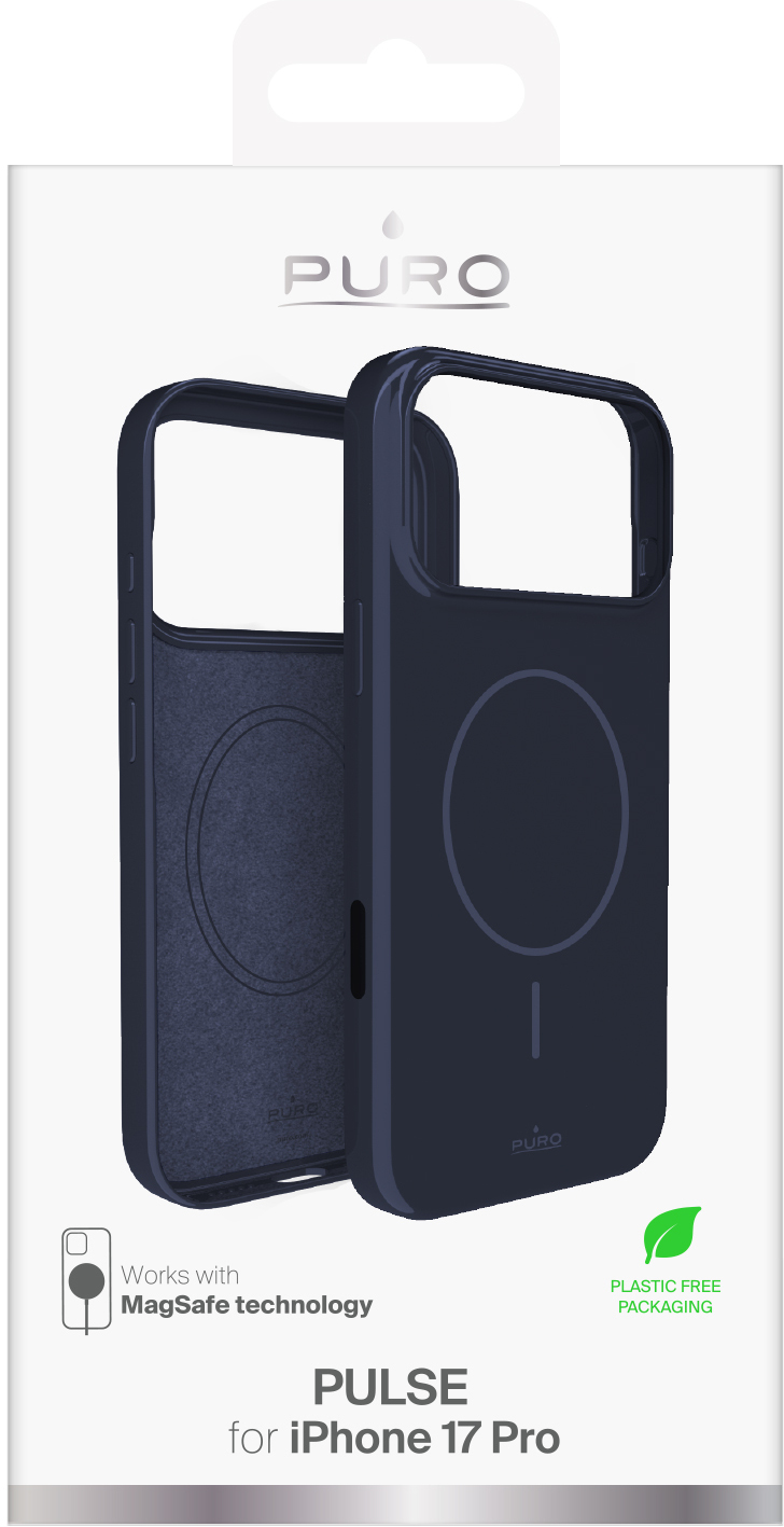 Ciemnoniebieskie etui na telefon z logo PURO, kompatybilne z iPhone 17 Pro, z technologią MagSafe i opakowaniem wolnym od plastiku.