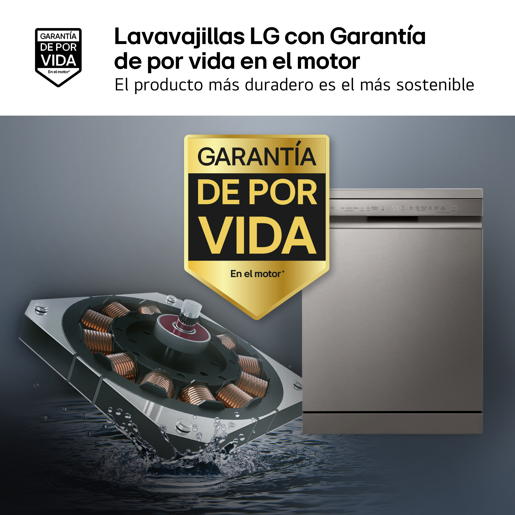 Lavavajillas LG con Garantía de por vida en el motor. El producto más duradero es el más sostenible. Escudo dorado, motor y lavavajillas.