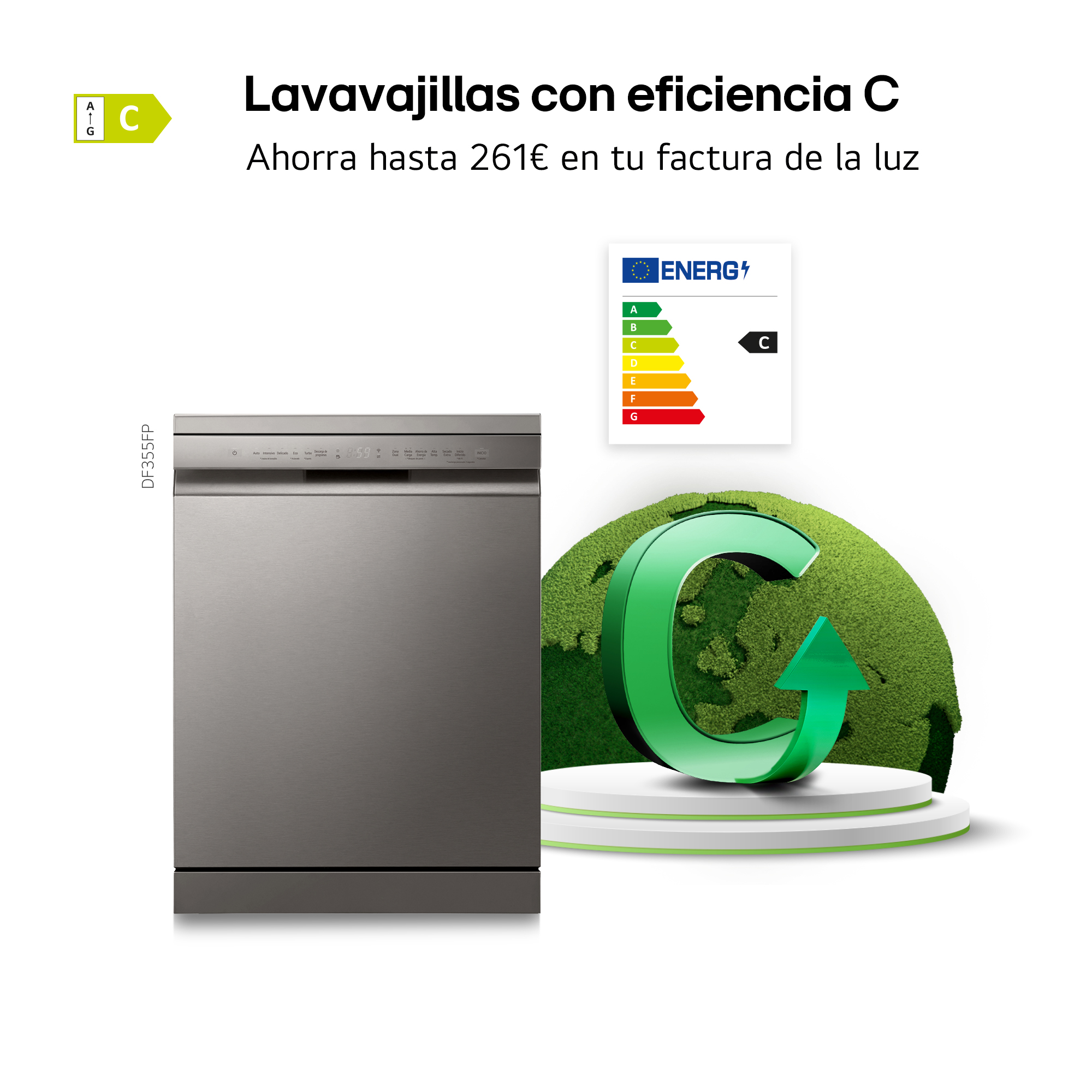 Lavavajillas con eficiencia C. Ahorra hasta 261€ en tu factura de la luz. Lavavajillas gris con icono de etiqueta energética C y globo verde.