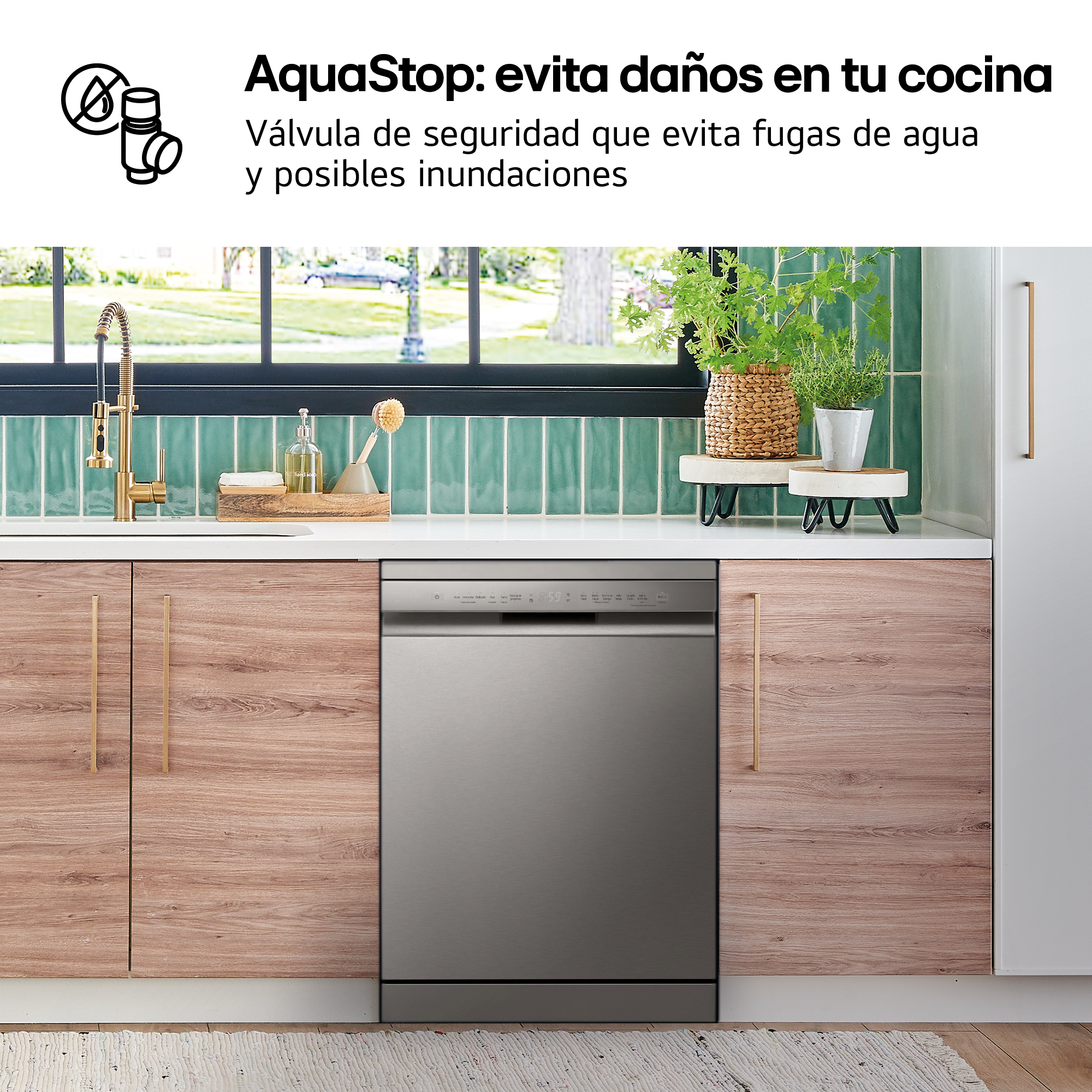 AquaStop: evita daños en tu cocina. Válvula de seguridad que evita fugas de agua y posibles inundaciones. Lavavajillas integrado en cocina.