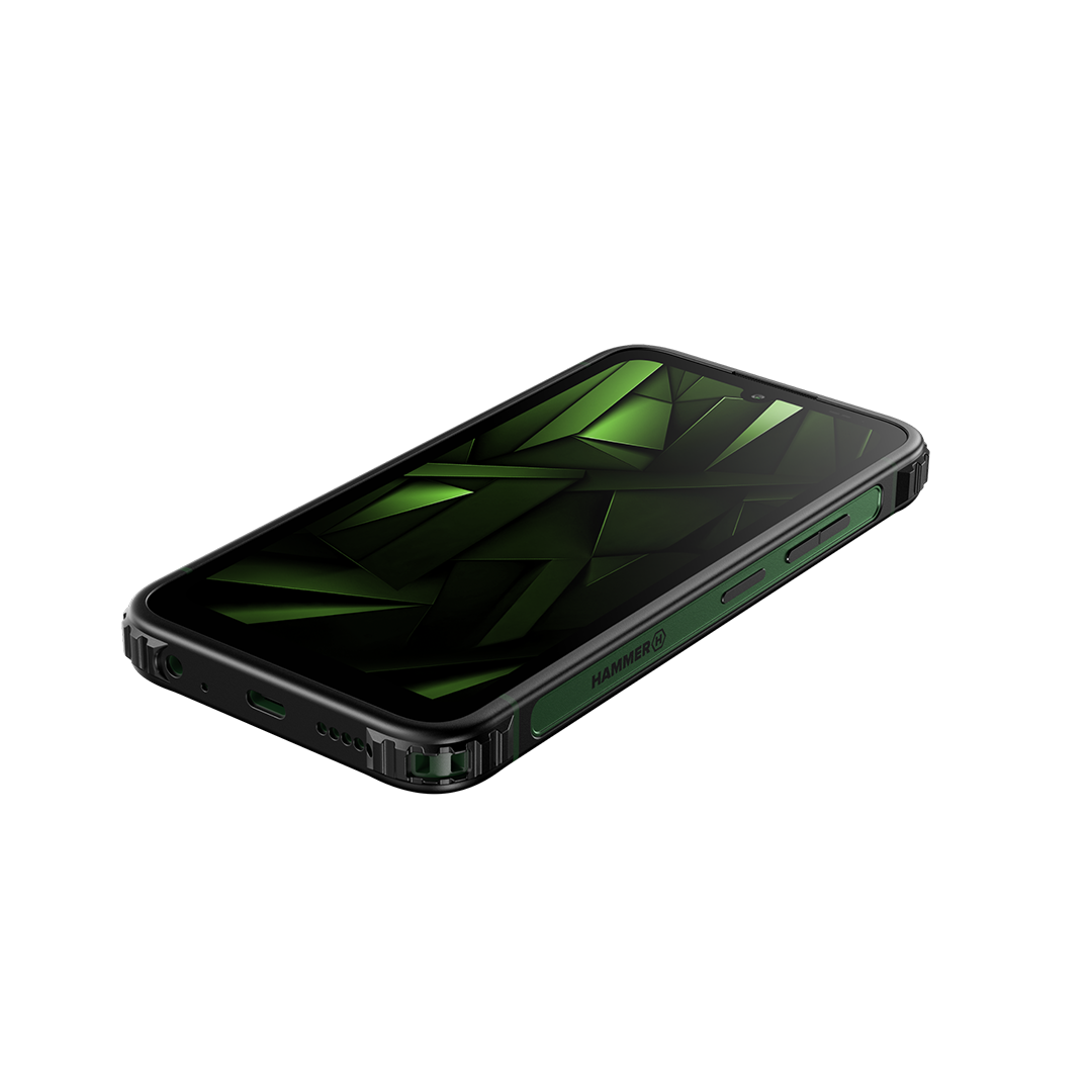 Zöld-fekete dizájnú okostelefon. A képernyő geometrikus zöld mintát jelenít meg. A telefon szögben van, oldalsó részletek látszanak.