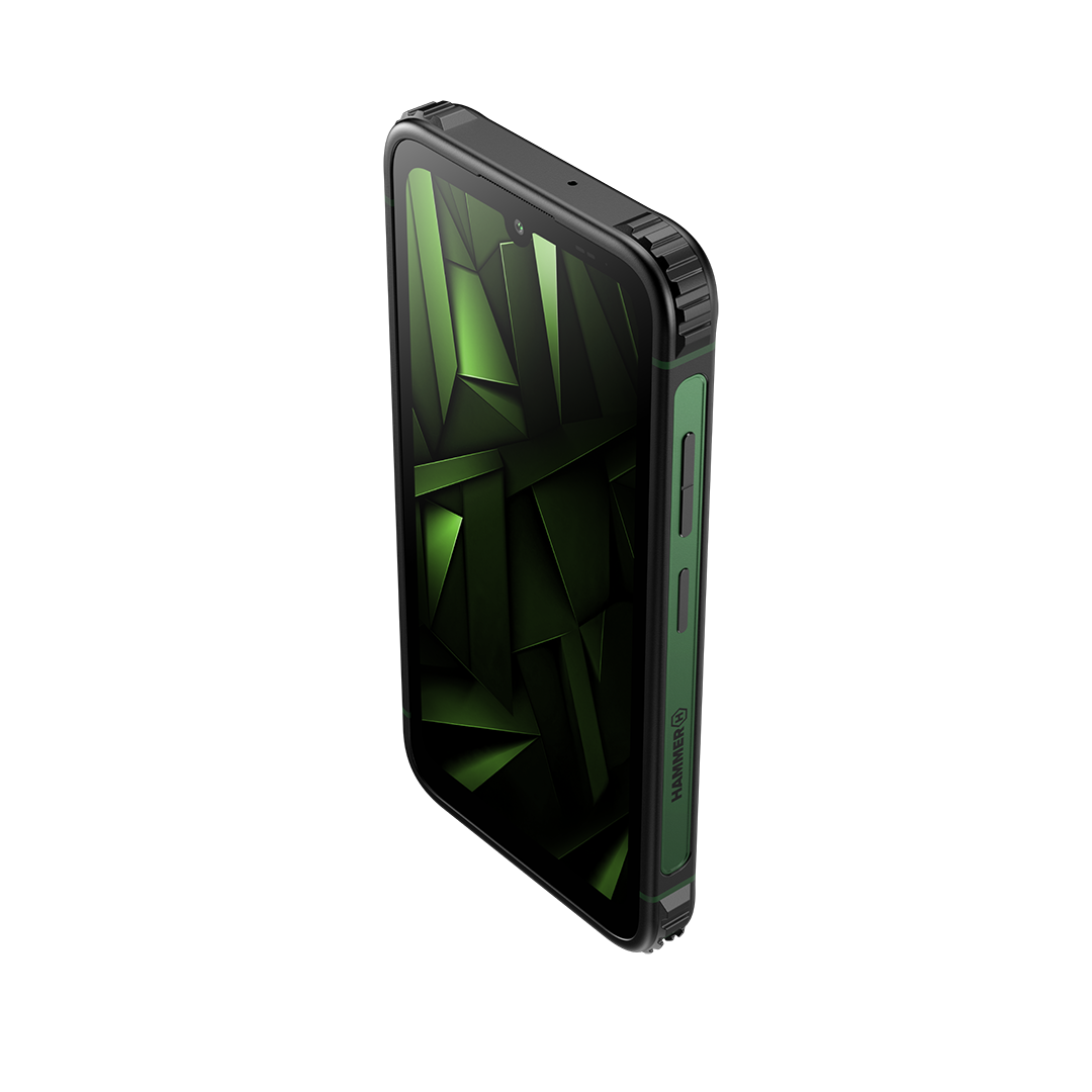 Egy fekete-zöld okostelefon. A képernyő zöld geometriai mintát jelenít meg. A telefon szögben van, a gombokkal ellátott oldalt mutatva.