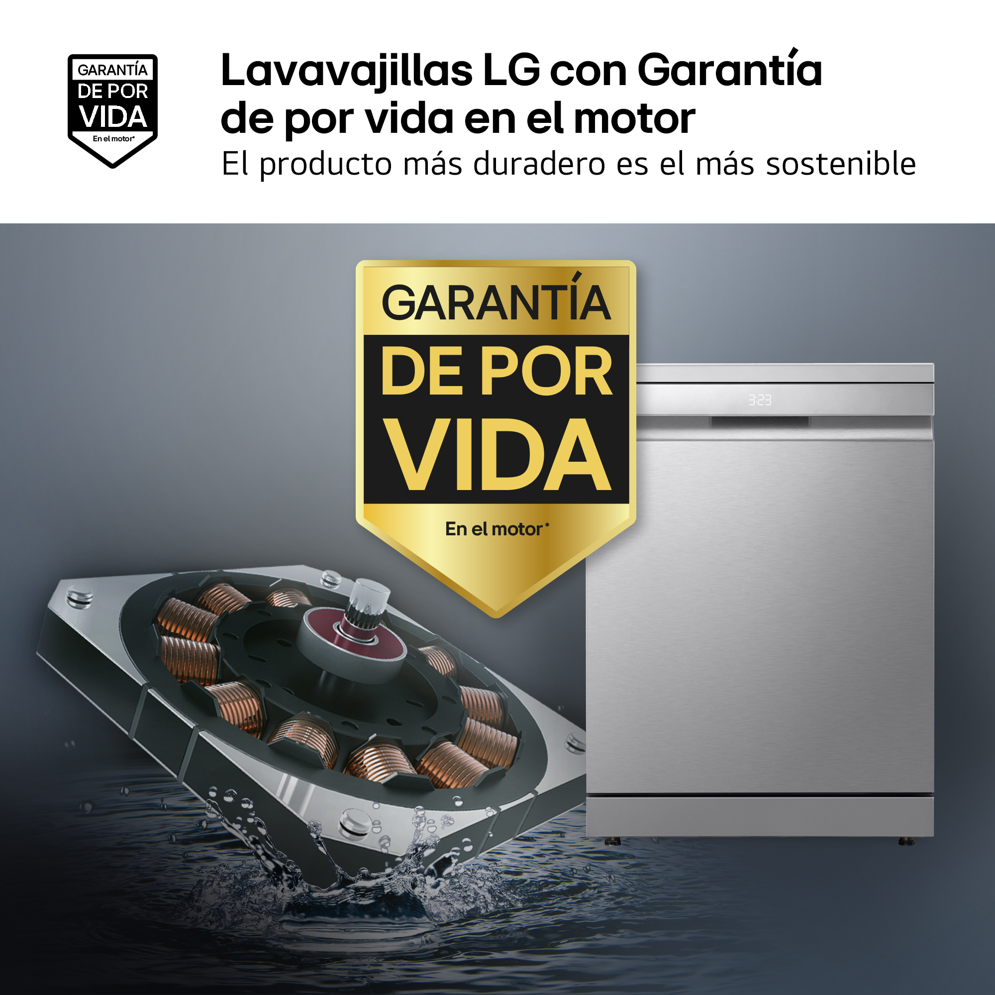 Lavavajillas con garantía del motor. Incluye un corte transversal del motor y un sello de garantía.