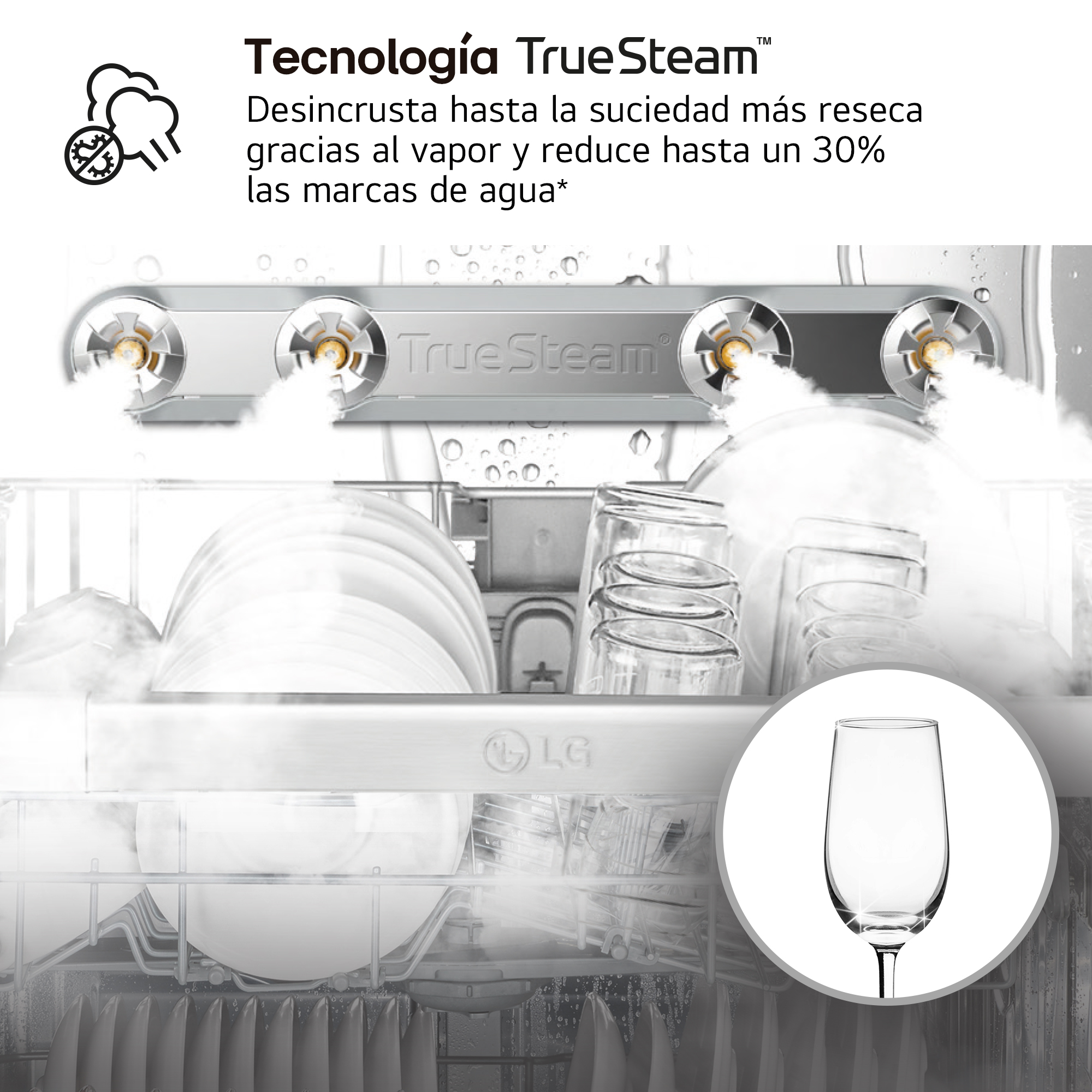 Tecnología TrueSteam. Desincrusta hasta la suciedad más reseca gracias al vapor y reduce hasta un 30% las marcas de agua*. Platos y vasos con vapor.