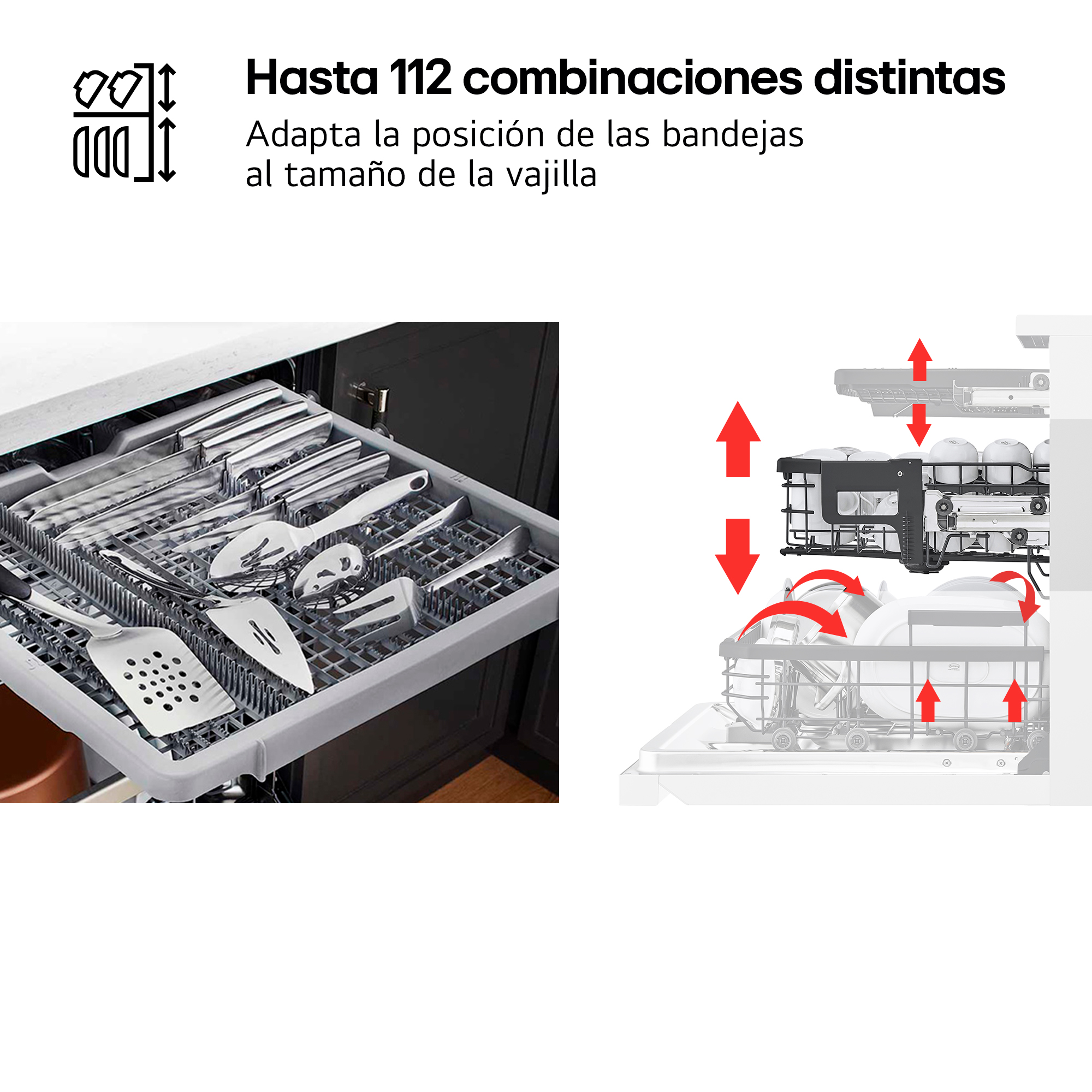 Hasta 112 combinaciones distintas. Adapta la posición de las bandejas al tamaño de la vajilla. Cajón cubiertos y esquema con flechas.