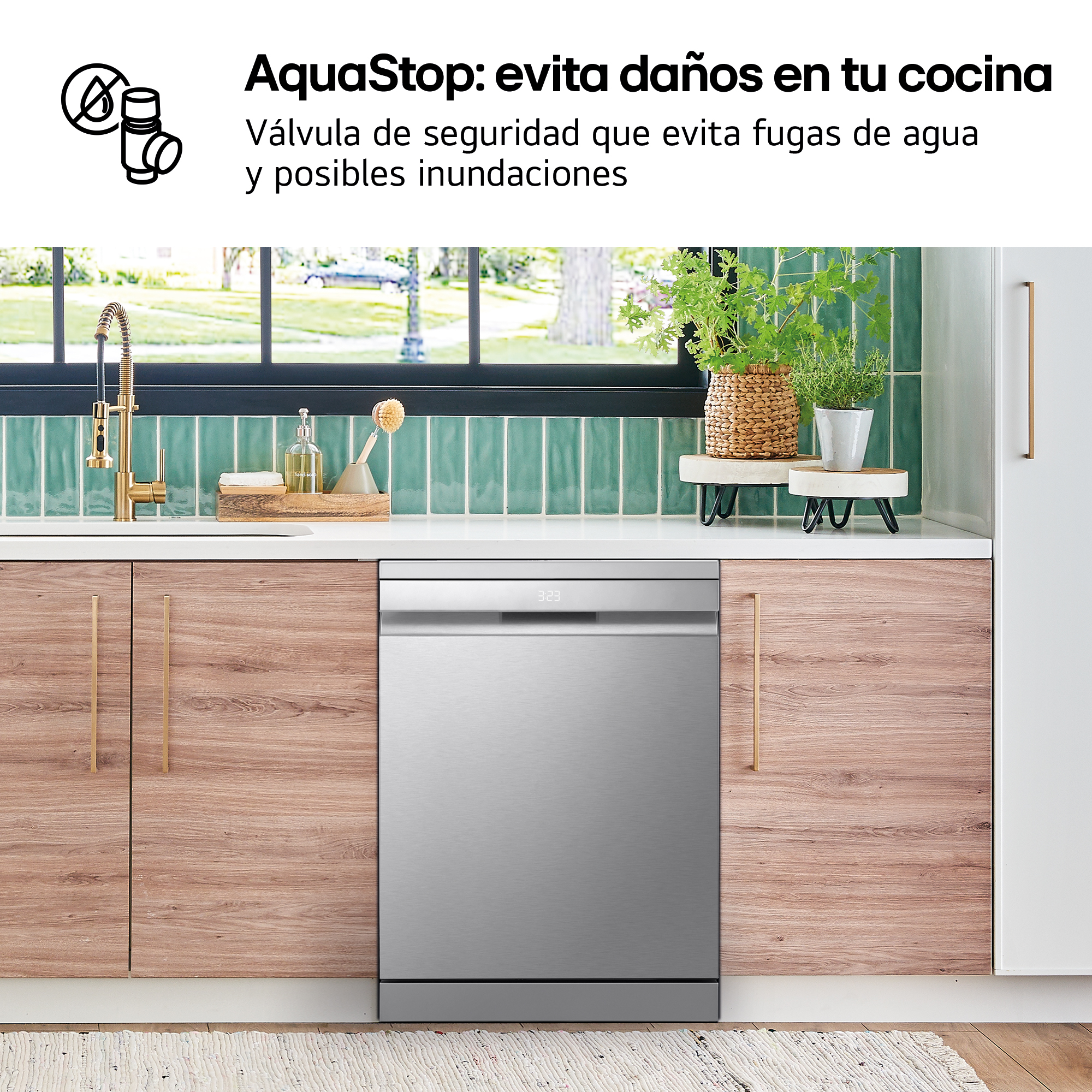 AquaStop: evita daños en tu cocina. Válvula de seguridad que evita fugas de agua y posibles inundaciones. Lavavajillas integrado en cocina.