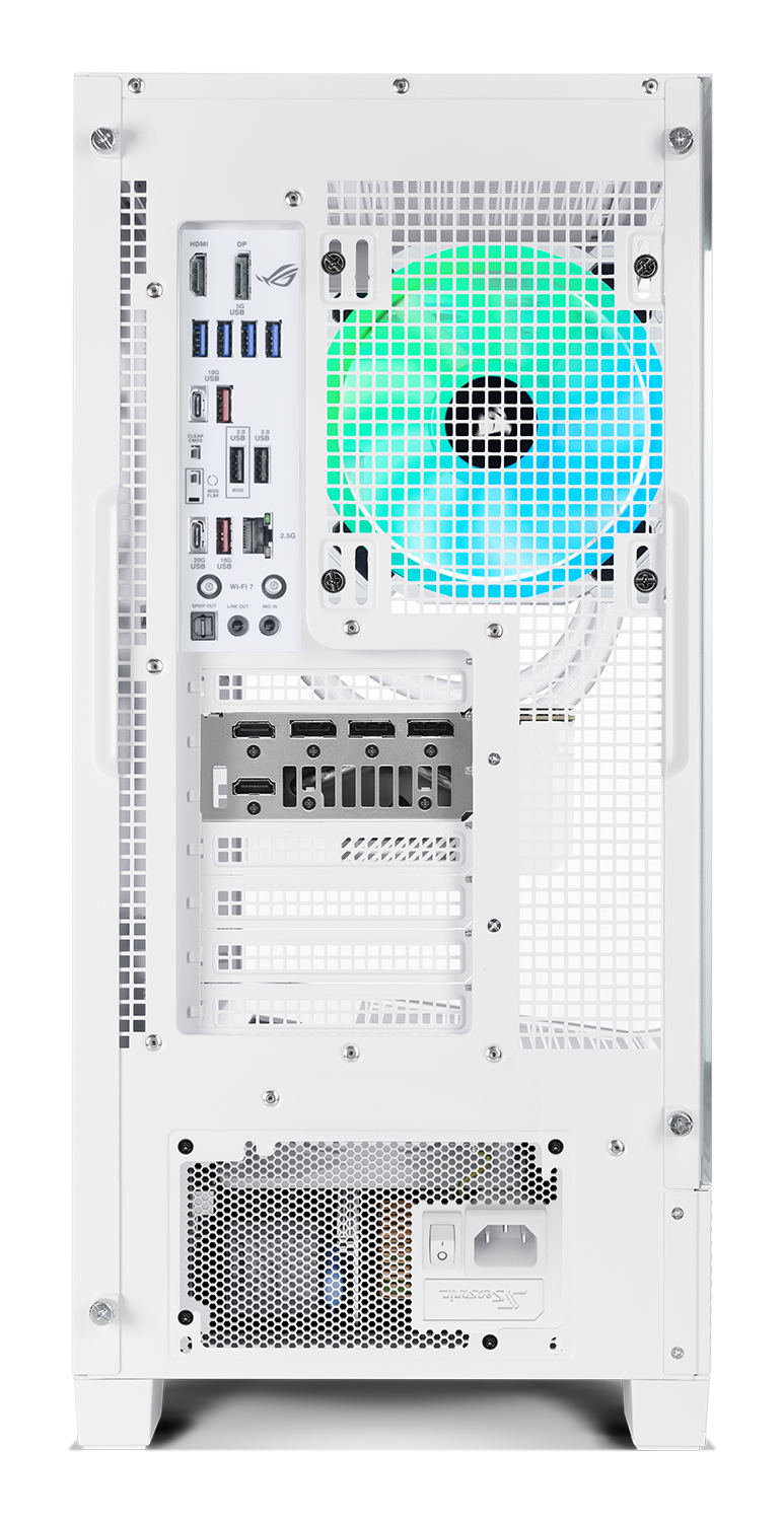 Weiße Computergehäuse-Rückseite mit Lüfter, Anschlüssen und Netzteil sichtbar. Grüner und blauer Lüfter leuchtet innen.