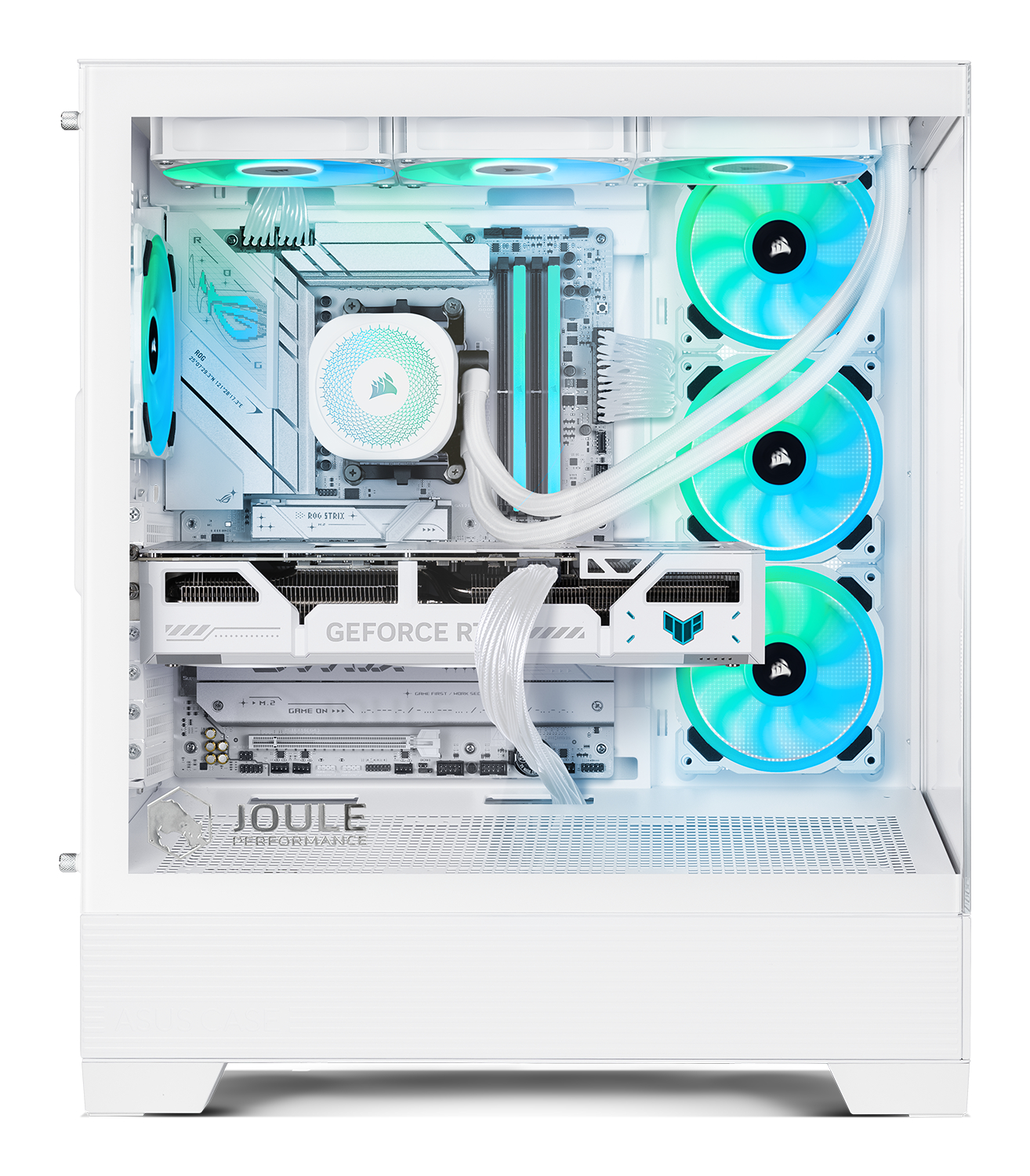 Ein weißes Computergehäuse mit internen Komponenten, darunter Lüfter mit blau-grüner Beleuchtung, eine Grafikkarte und ein CPU-Kühler.