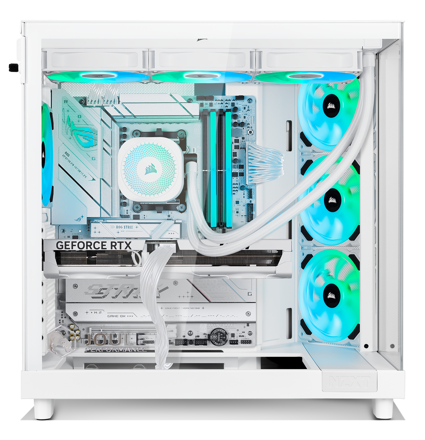 Ein weißes PC-Gehäuse mit internen Komponenten. Es enthält eine Grafikkarte, Lüfter mit blauem und grünem Licht und einen Flüssigkeitskühler.