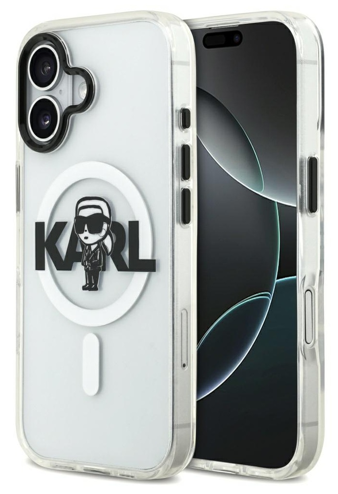 Przezroczyste etui na telefon z logo Karla Lagerfelda i telefonem w środku. Etui ma białe tło i czarne logo.