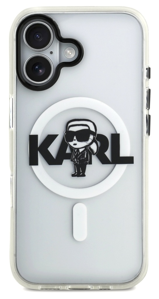 Przezroczyste etui na telefon z logo Karla Lagerfelda. Czarny tekst i postać z kreskówki. Dwa obiektywy aparatu u góry. Biały guzik z tyłu.