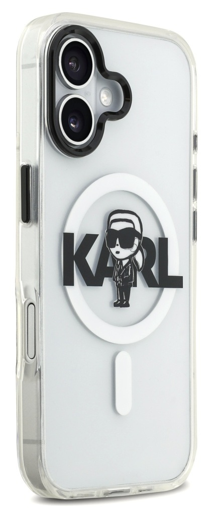 Przezroczyste etui na telefon z czarnymi detalami aparatu. Zawiera napis 'KARL' i postać z kreskówki.