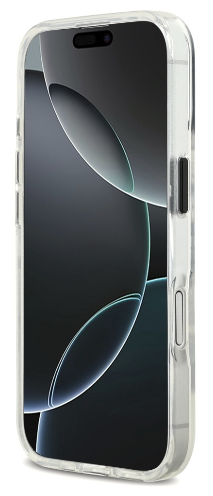 Przezroczyste etui na telefon otaczające smartfona. Ekran wyświetla ciemne tło z jasnymi, zakrzywionymi liniami.