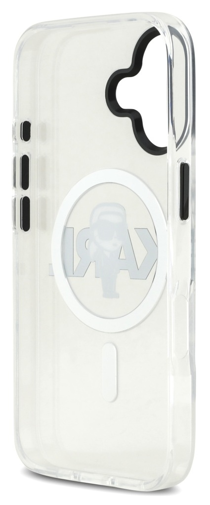 Przezroczyste etui na telefon z logo Karl Lagerfeld. Czarne przyciski i otwór na aparat. Pokazuje kontury telefonu.