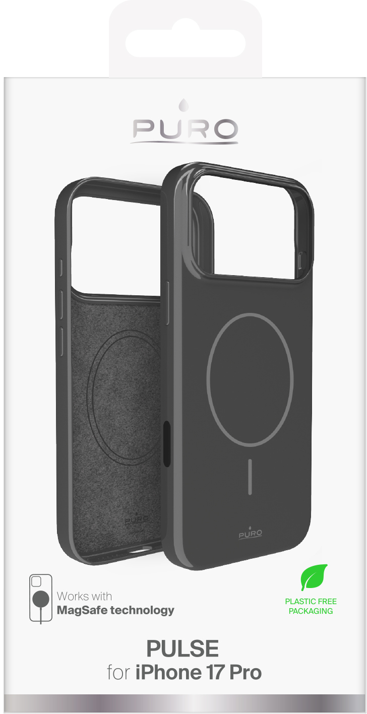 Czarny futerał na telefon, otwarty, aby pokazać wnętrze, na białym tle. Na futerale widnieje napis 'PULSE for iPhone 17 Pro'.