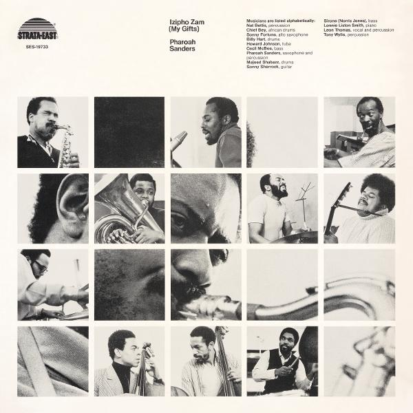 Album borítója művészportrékkal és szöveggel: 'Izipho Zam (My Gifts)' Pharoah Sanderstől. A zenészek ábécé sorrendben vannak felsorolva.