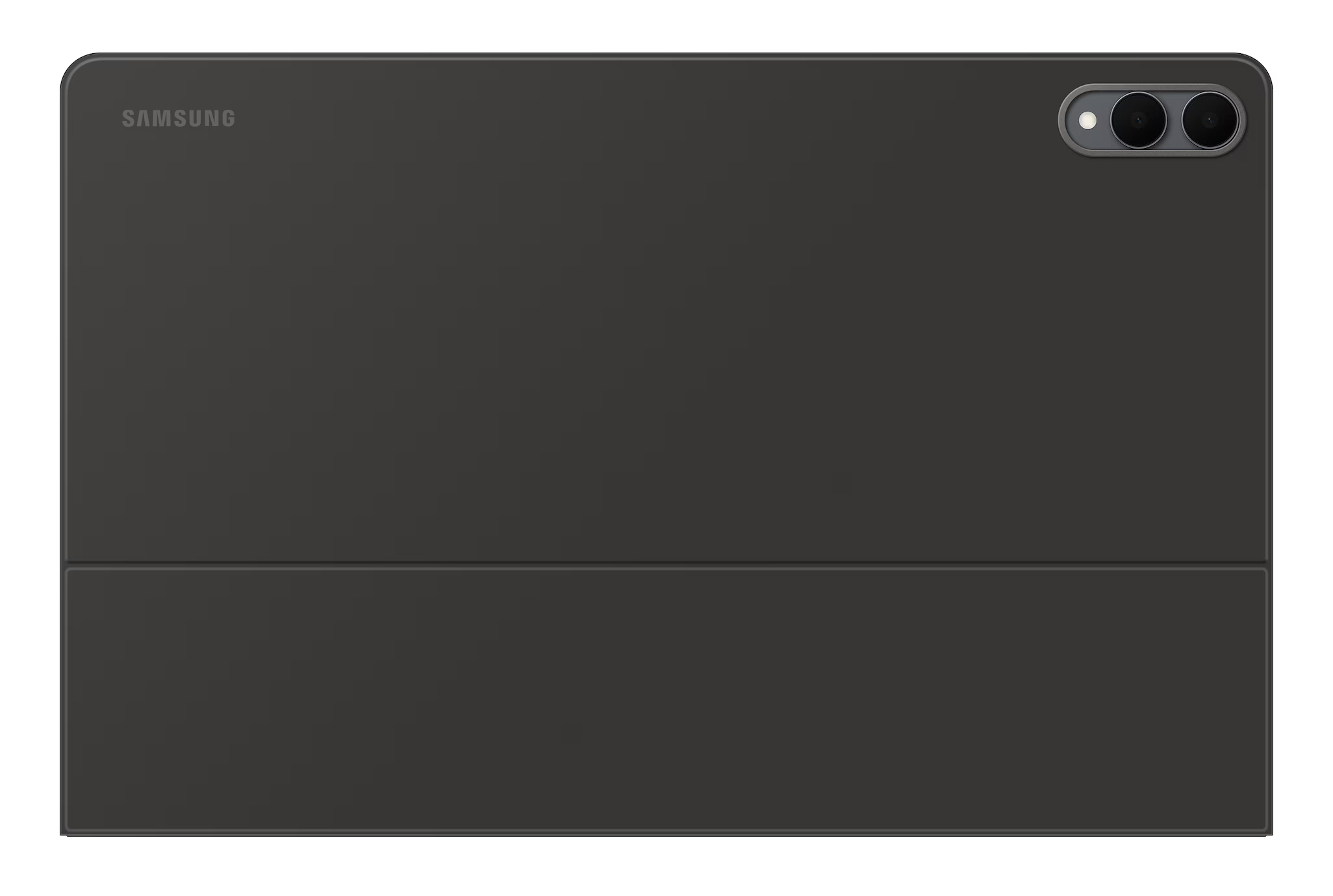 Ciemnoszary tablet Samsung z dwuobiektywowym aparatem, logo i składaną osłoną.