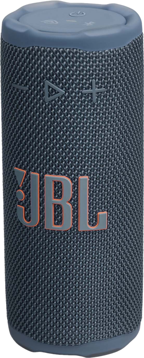 Szary głośnik przenośny JBL z pomarańczowymi akcentami. Głośnik ma materiałową teksturę i przyciski sterowania.