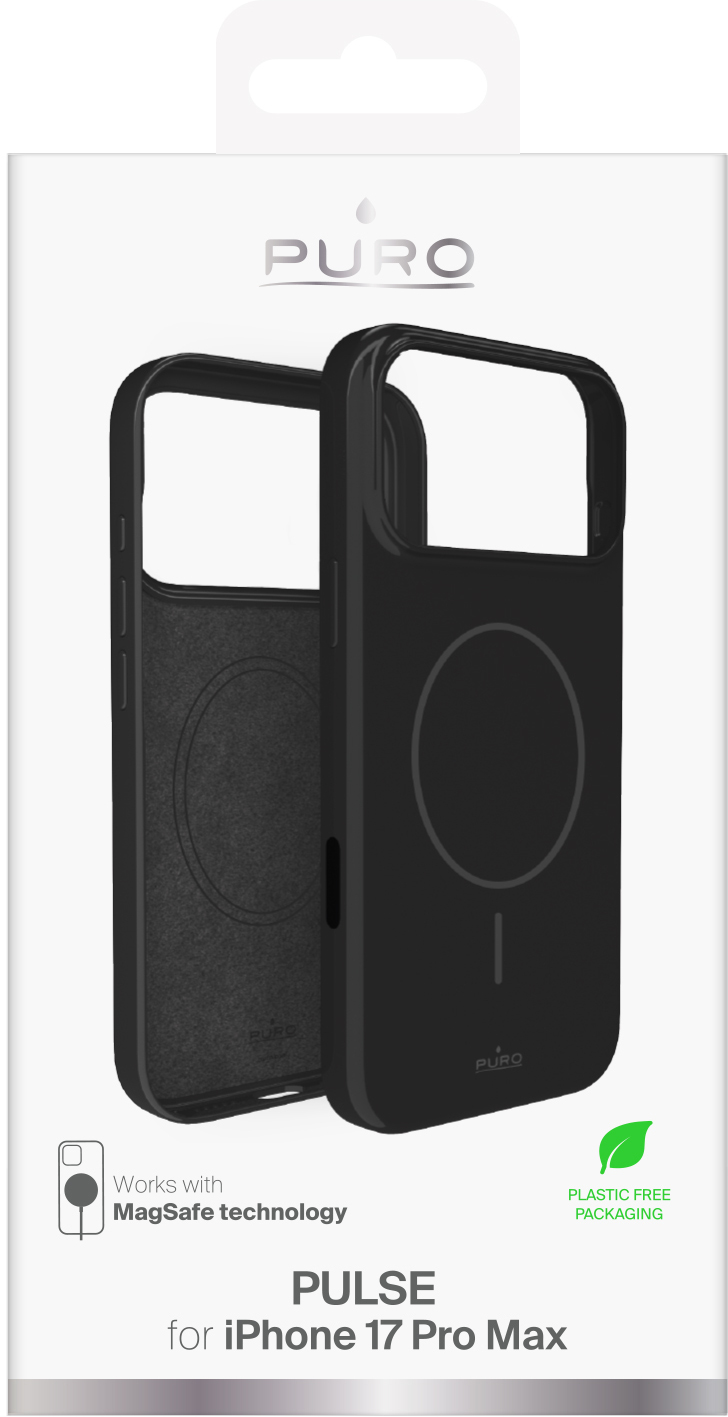 Czarne etui Puro Pulse do iPhone'a 17 Pro Max. Wyposażone w technologię MagSafe i opakowanie wolne od plastiku. Etui jest czarne.