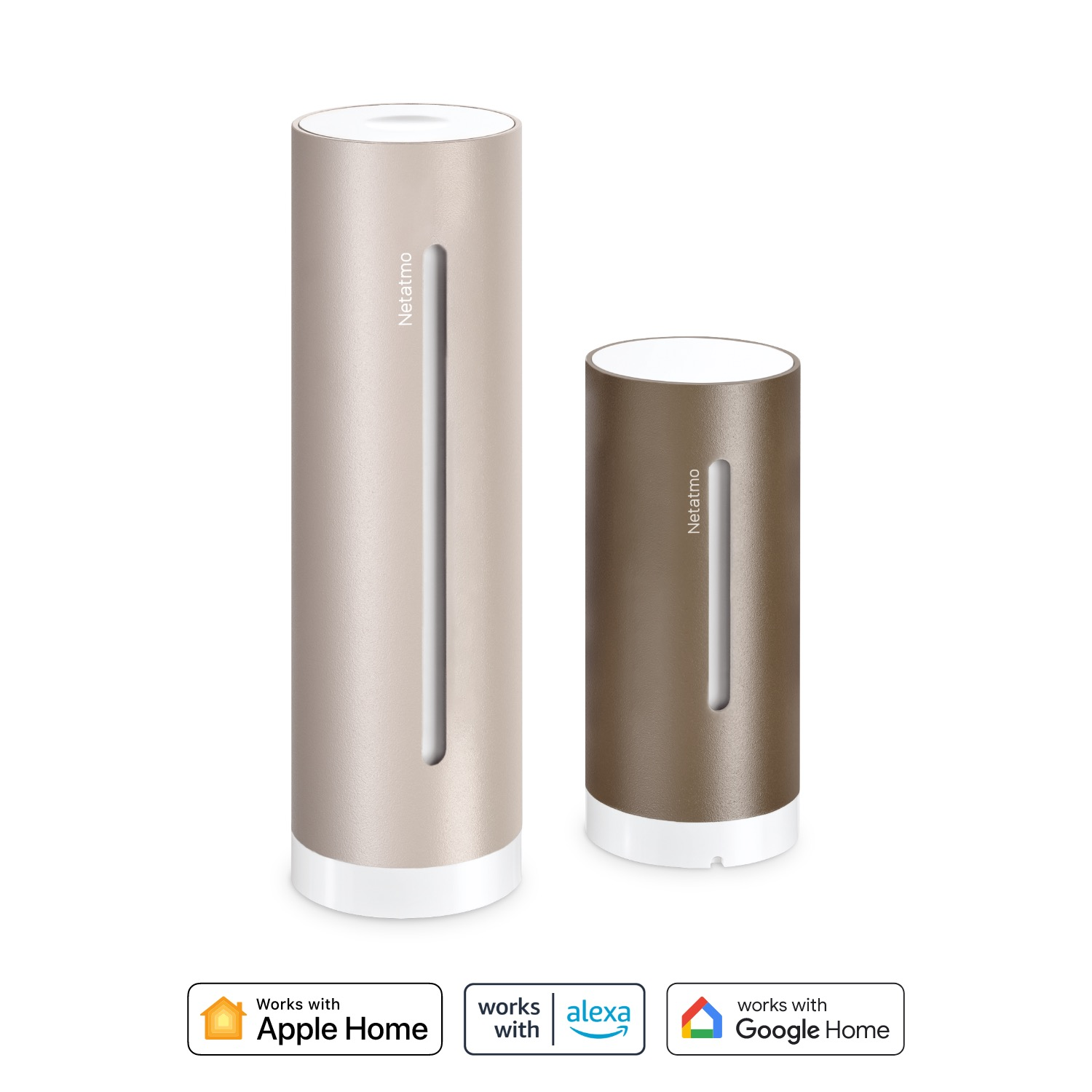 Deux stations météo cylindriques Netatmo, beige et marron, sur fond blanc. Logos Apple Home, Alexa et Google Home.