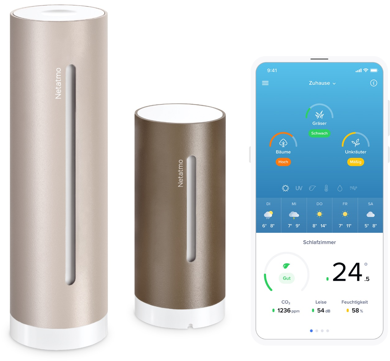 Deux stations météo cylindriques Netatmo et un smartphone affichant des données météo et les conditions ambiantes.