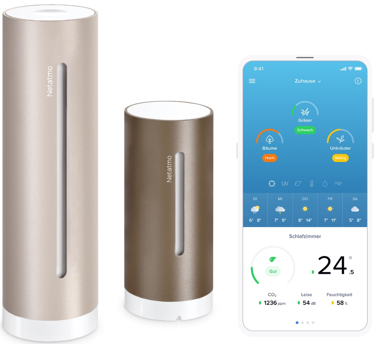Deux stations météo Netatmo et un téléphone affichant les données météo. La température est de 24,5 degrés Celsius.
