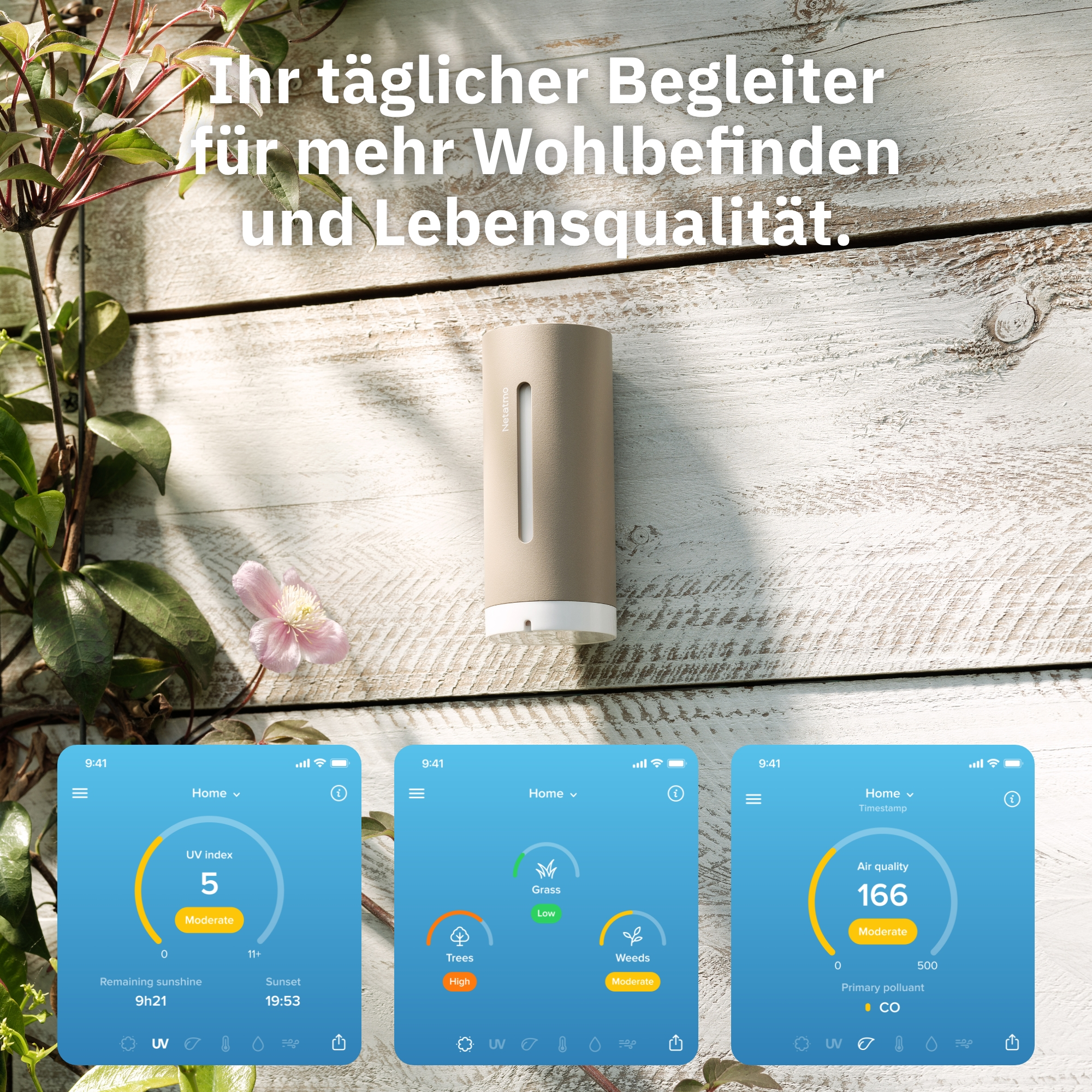 L'image montre un capteur, trois écrans de téléphone avec des données et une plante avec des fleurs sur un fond en bois.