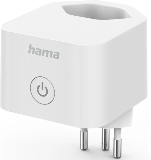 Un adaptateur de prise intelligente Hama blanc. Il possède un bouton d'alimentation, trois broches métalliques et une prise en haut.