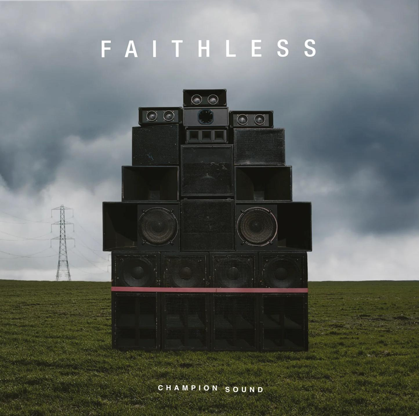 Ein Stapel Lautsprecher auf einer grünen Wiese mit bewölktem Himmel im Hintergrund. Text: 'Faithless' und 'Champion Sound'.