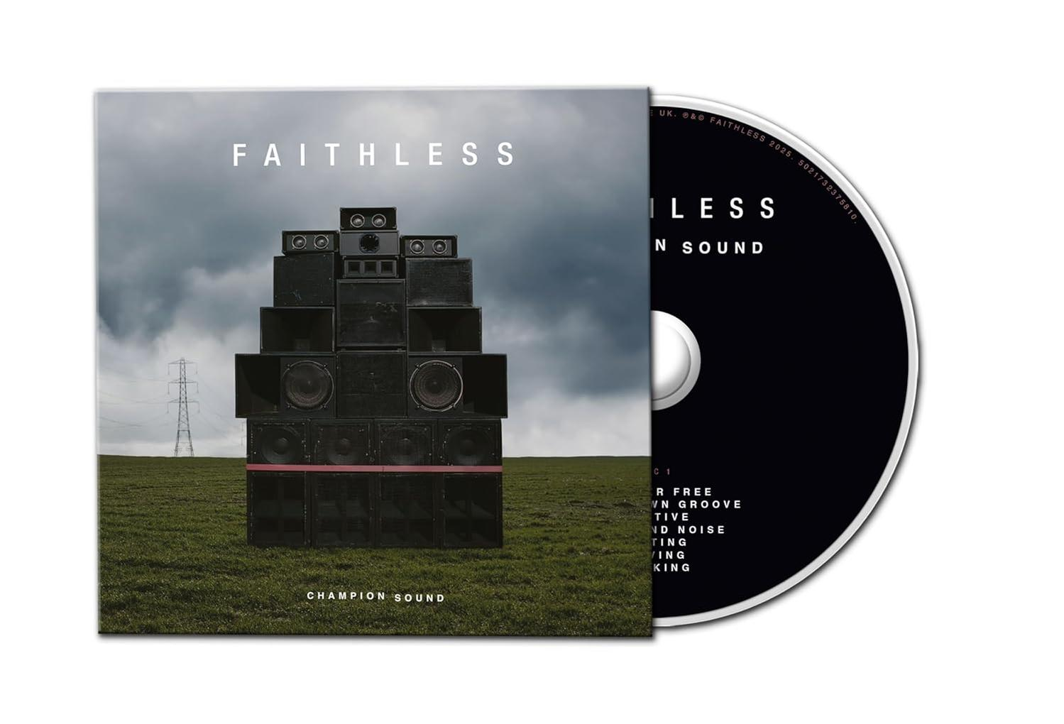 Albumcover. Faithless-Titel, Lautsprecherturm auf Feld, CD rechts.