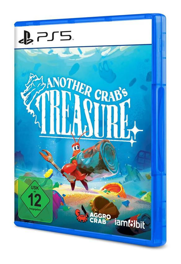 Eine Krabbe trägt eine Rolle unter Wasser. PS5 Spielcover.