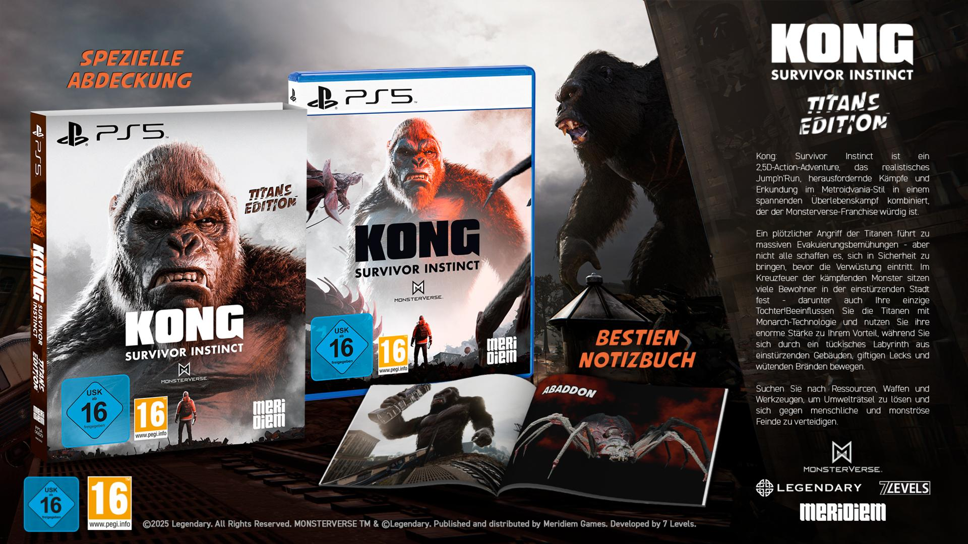 Spielbox und offenes Buch mit Kong- und Monsterbildern. PS5-Spiel 'Kong: Survivor Instinct'. Enthält die Titan's Edition.