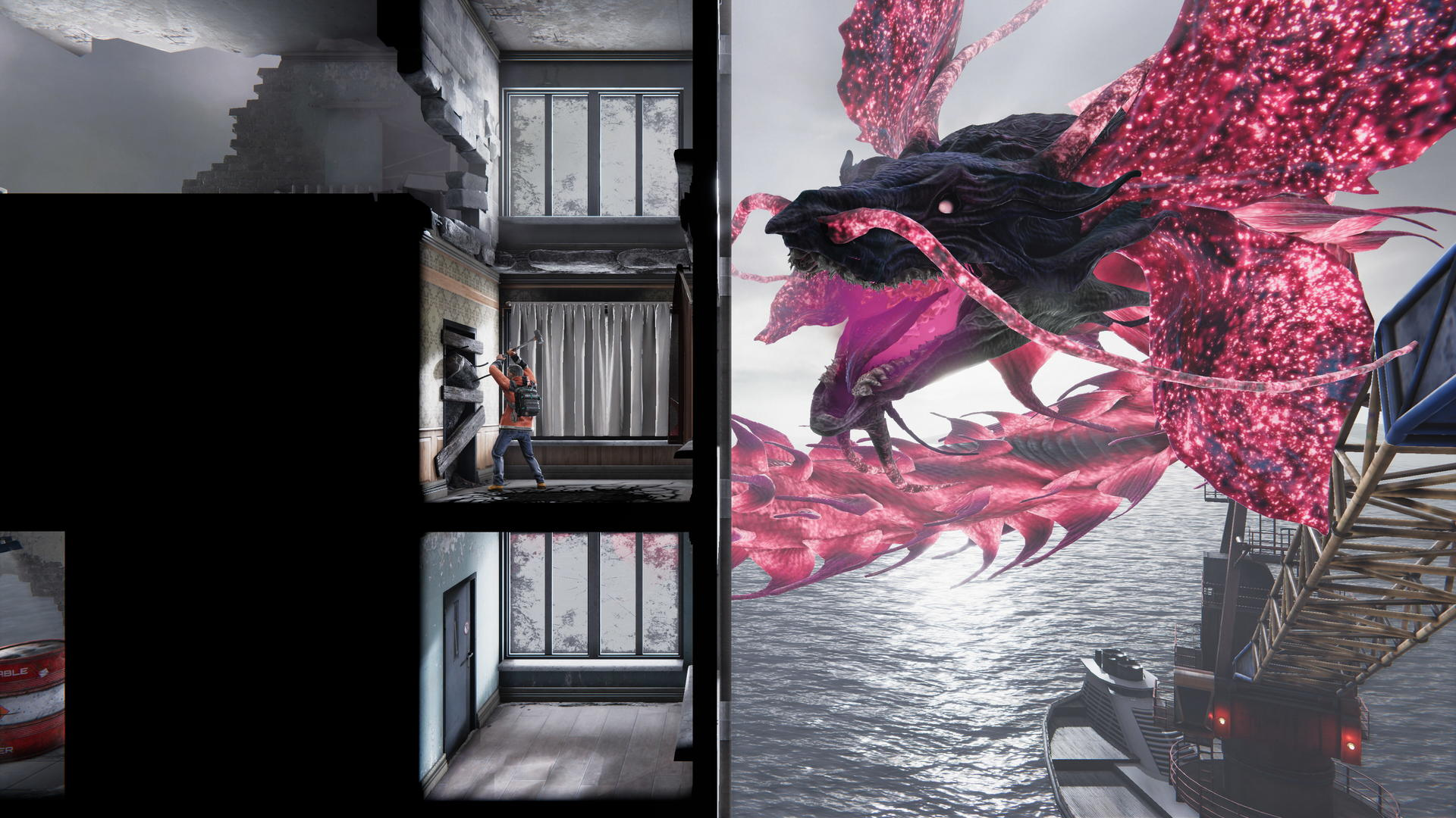 Ein Mann zerschlägt eine Wand mit einem Hammer in einem Gebäude, ein Drache mit rosa Flügeln fliegt über das Meer.