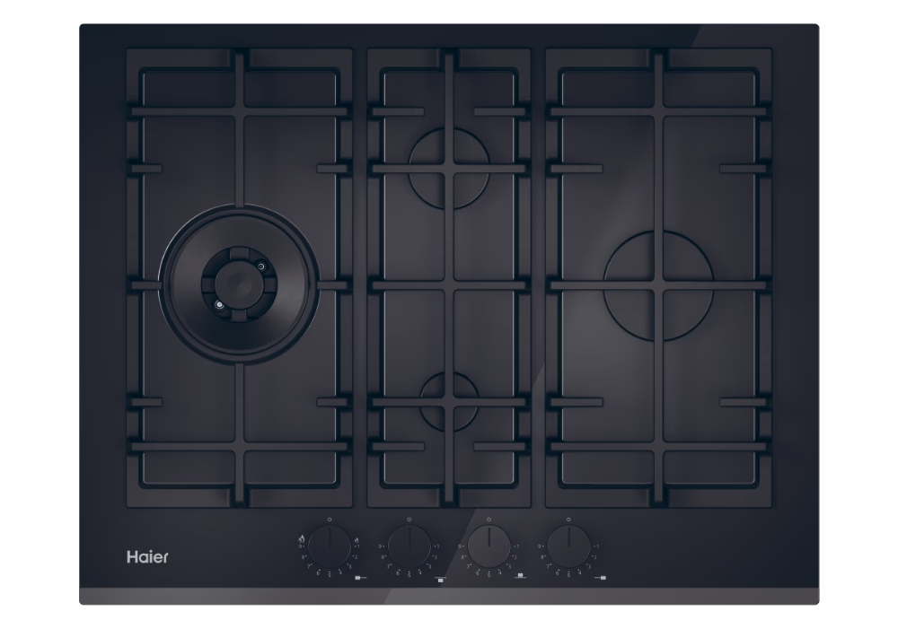 HAIER HAVG5D4TB Beépíthető gáz főzőlap 65cm, 3+1 wok égő, fekete, öntöttvas rács, "Diamond" konfiguráció