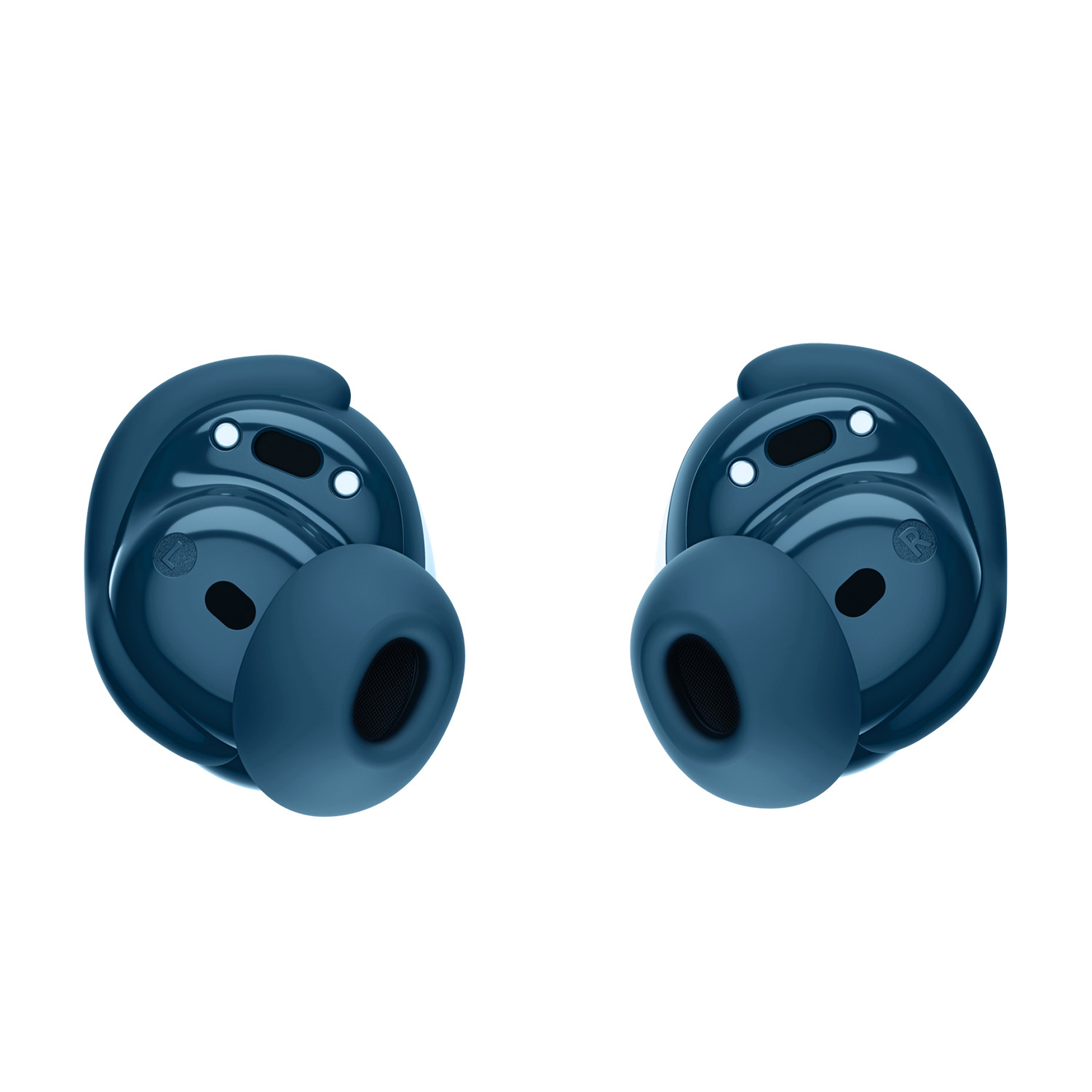 Due auricolari wireless blu su sfondo bianco. Ognuno ha una forma arrotondata con punta in silicone.