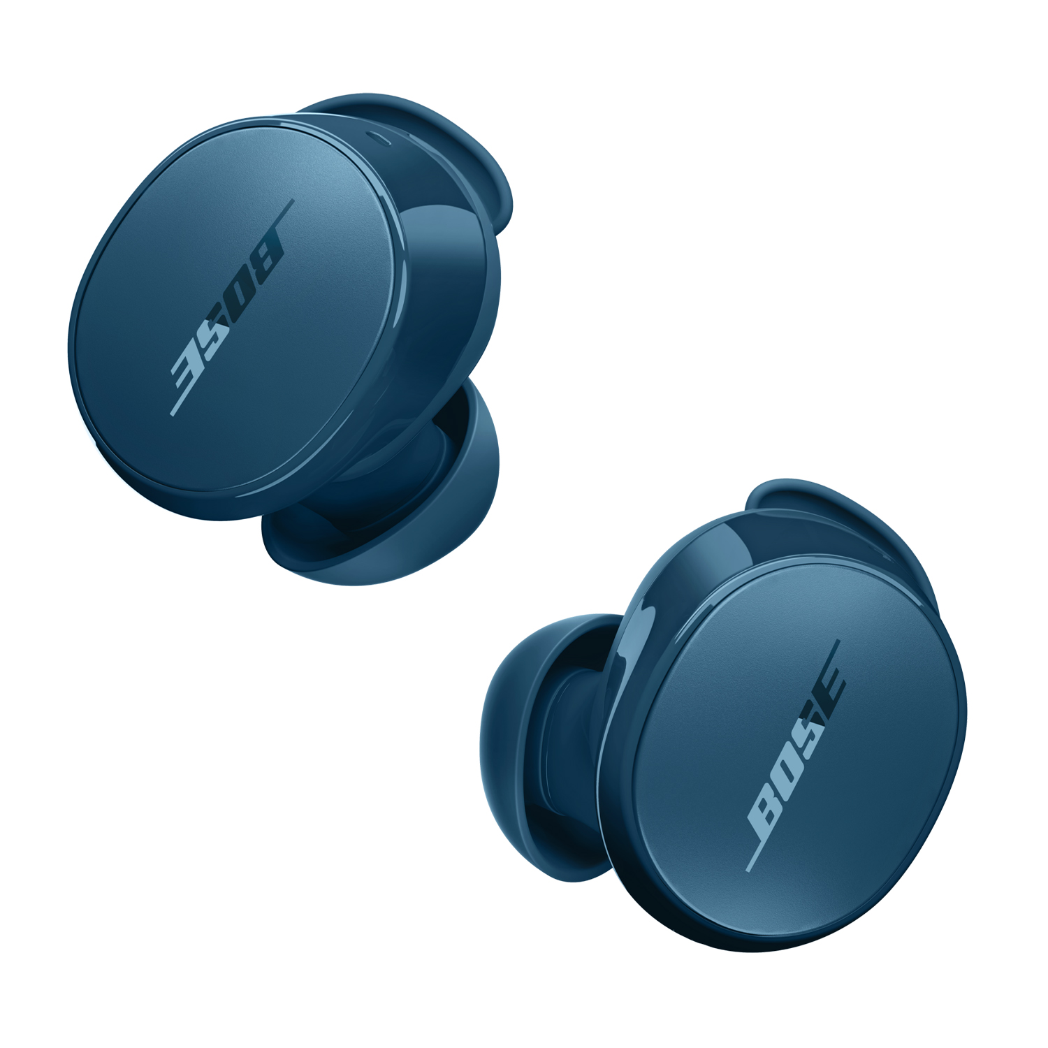 Due auricolari Bose blu su sfondo bianco. Gli auricolari sono angolati, mostrando il logo Bose bianco su ciascuno.