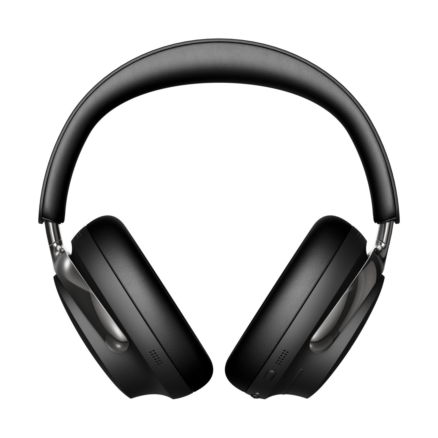 Cuffie over-ear nere. L'archetto è imbottito, i padiglioni sono ovali. Dettagli argentati. Isolato su sfondo bianco.