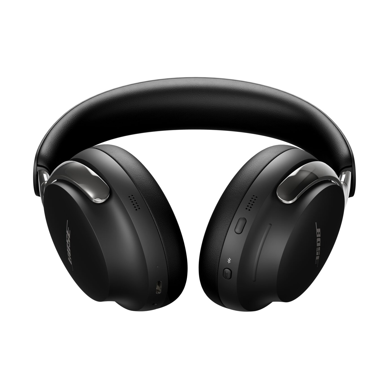 Cuffie Bose nere su sfondo bianco. Sono cuffie over-ear, con fascia imbottita e padiglioni.