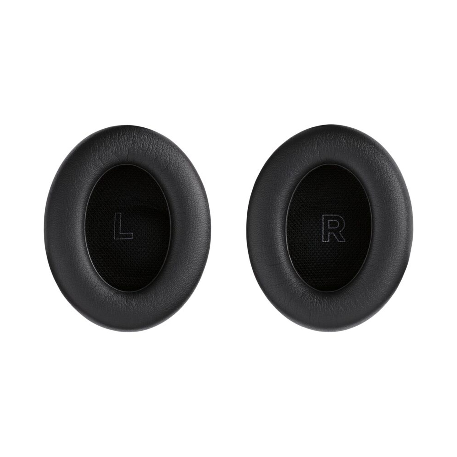 Due cuscinetti auricolari neri per cuffie con marcature 'L' e 'R', su sfondo bianco.