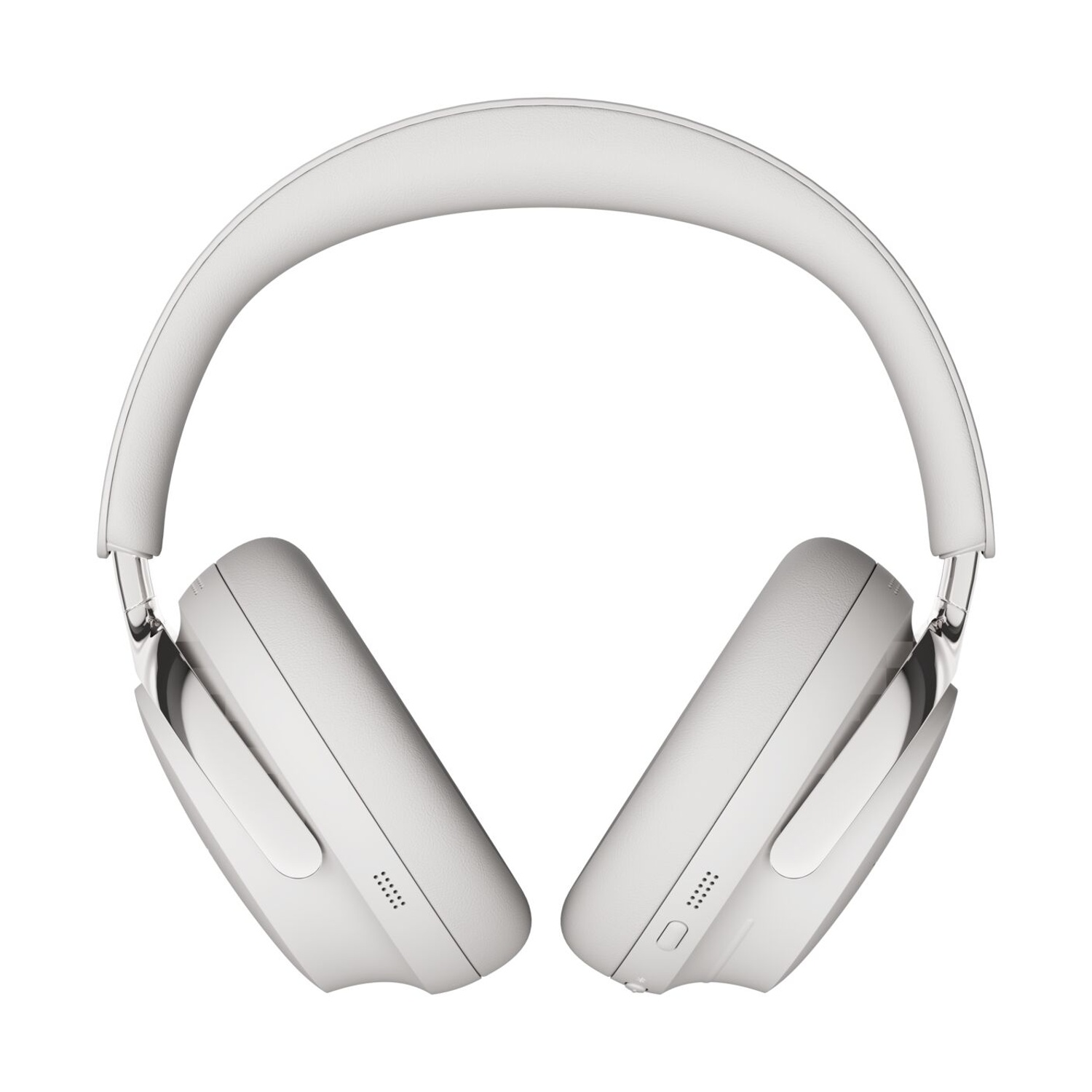 Cuffie bianche con archetto e padiglioni imbottiti, su sfondo bianco. Il design è elegante e moderno.