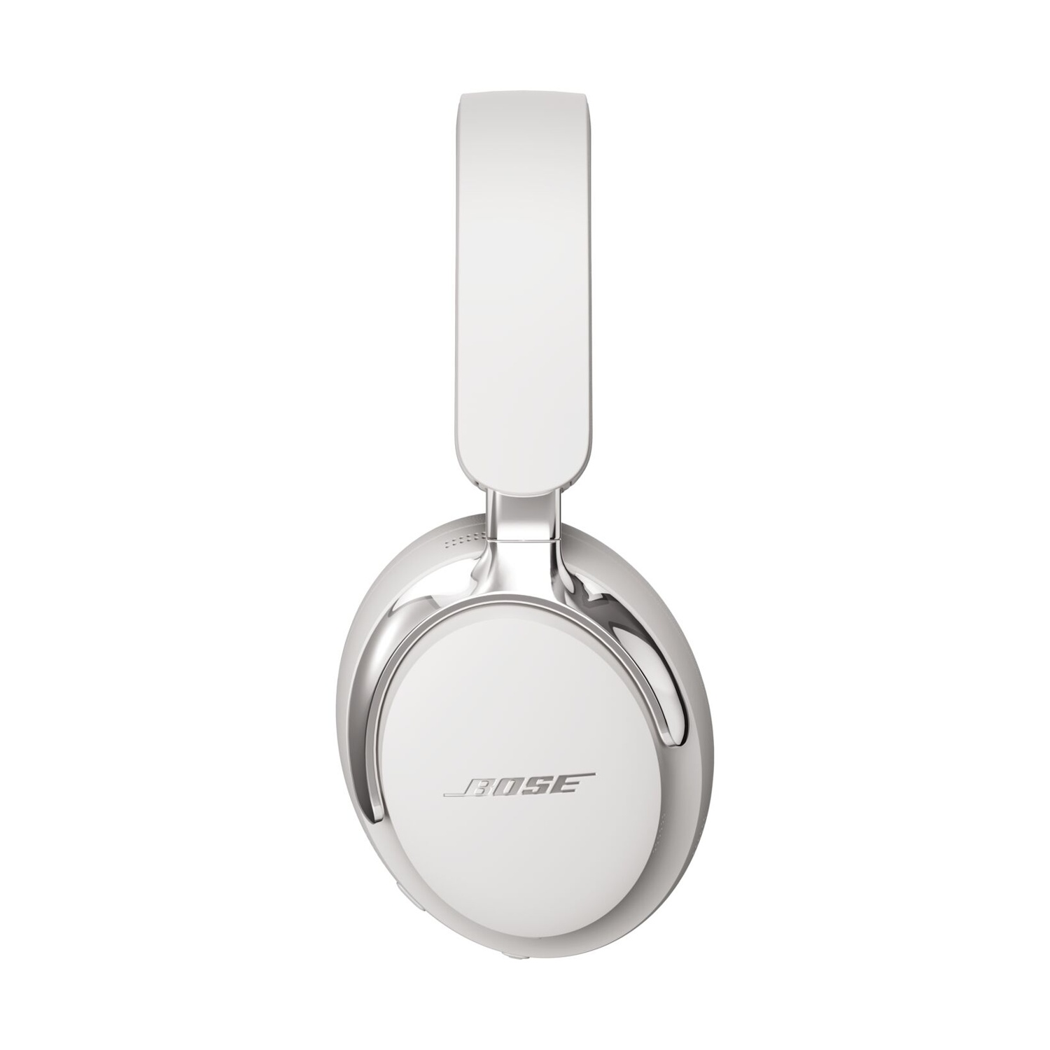 Cuffie Bose bianche, centrate su sfondo bianco. Le cuffie sono lucide con dettagli argentati. Il logo Bose è visibile.